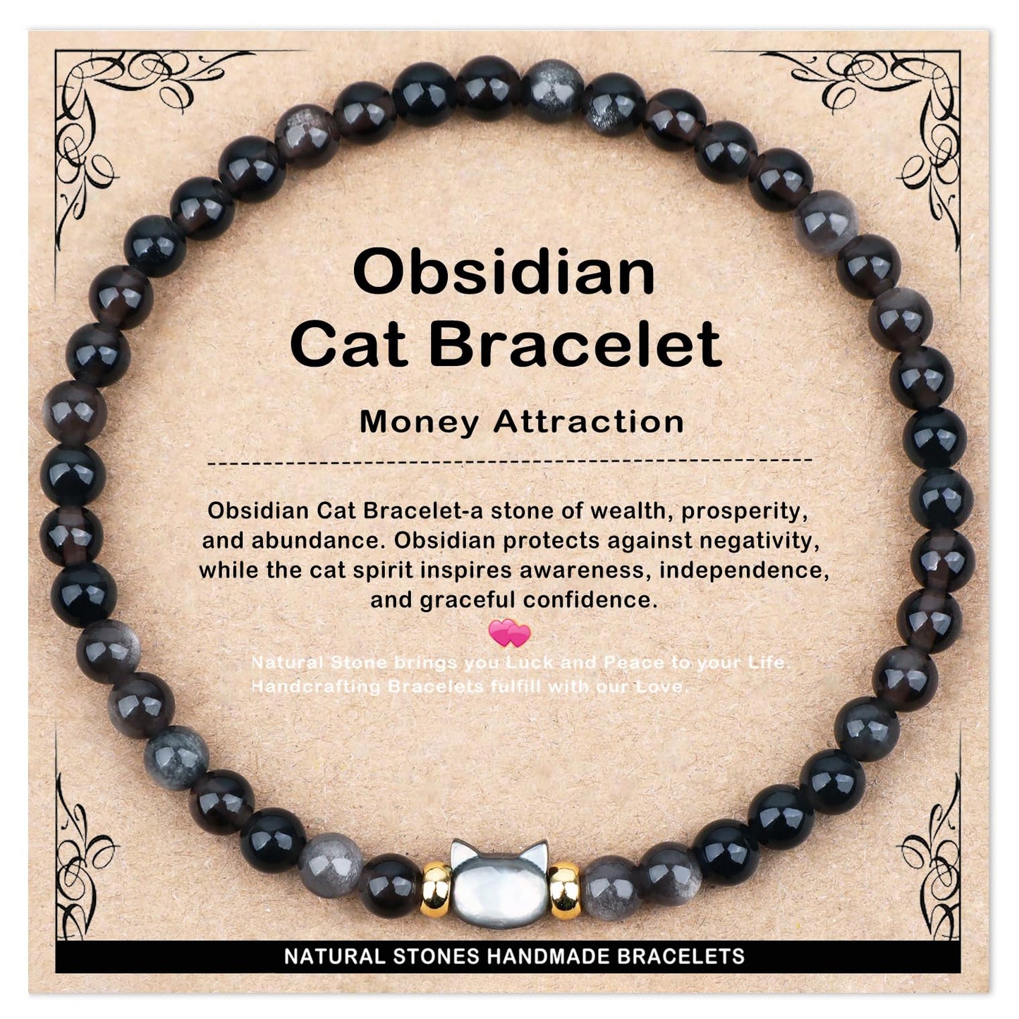 AD Beads 4mm Handmade Obsidian Cat Bracelet Elastic Bracelet – Natural Gemstone for Money Attraction – Meditation, Yoga, Healing and Energy Gift for Men Women