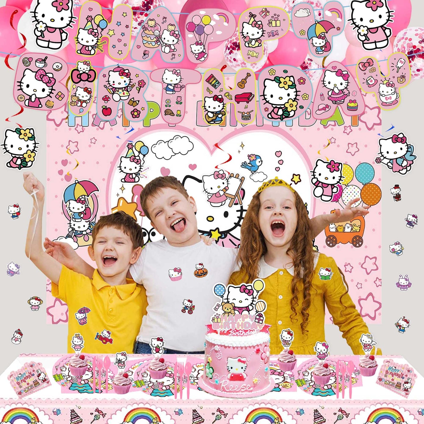 Cute Birthday Party Decorations Set - Pink Cartoon Theme Party Supplies Includes Banner, Foil Balloons, Printed Balloons, Tablecloth, Tableware, Napkins, for Adult Party