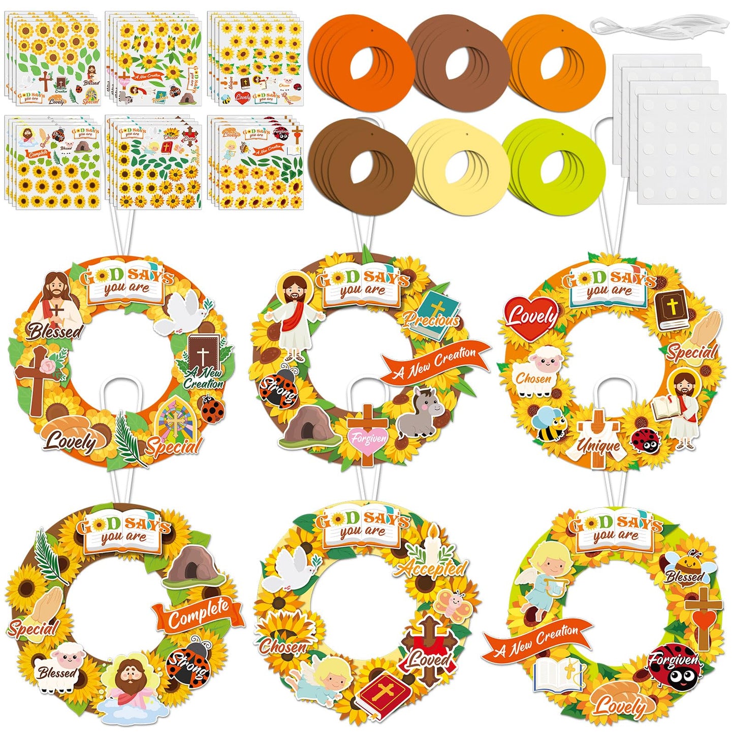 24 Sets Sunflower Religious Craft Kit Christian DIY Spring Wreath Crafts Kit with Jesus Bible Sunflowers Stickers Hanging Ornament for Spring Summer Sunday School Church Activities Home Decor