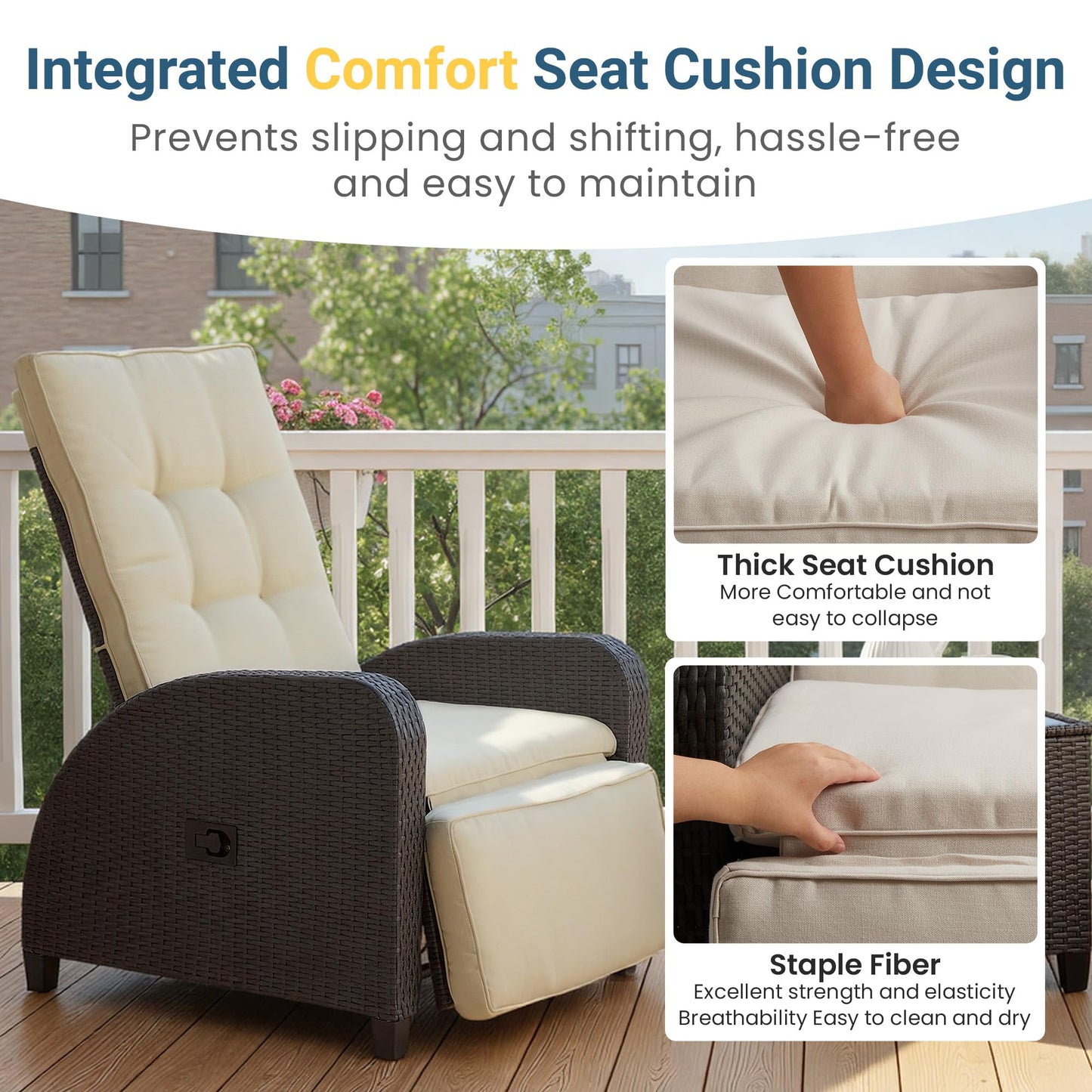 Green4ever Outdoor Patio Recliner with Adjustable Backrest and Footrest, All-Weather Wicker Patio Chair, 160° Lay Flat Patio Reclining Lounge Chair for Garden Backyard, Beige