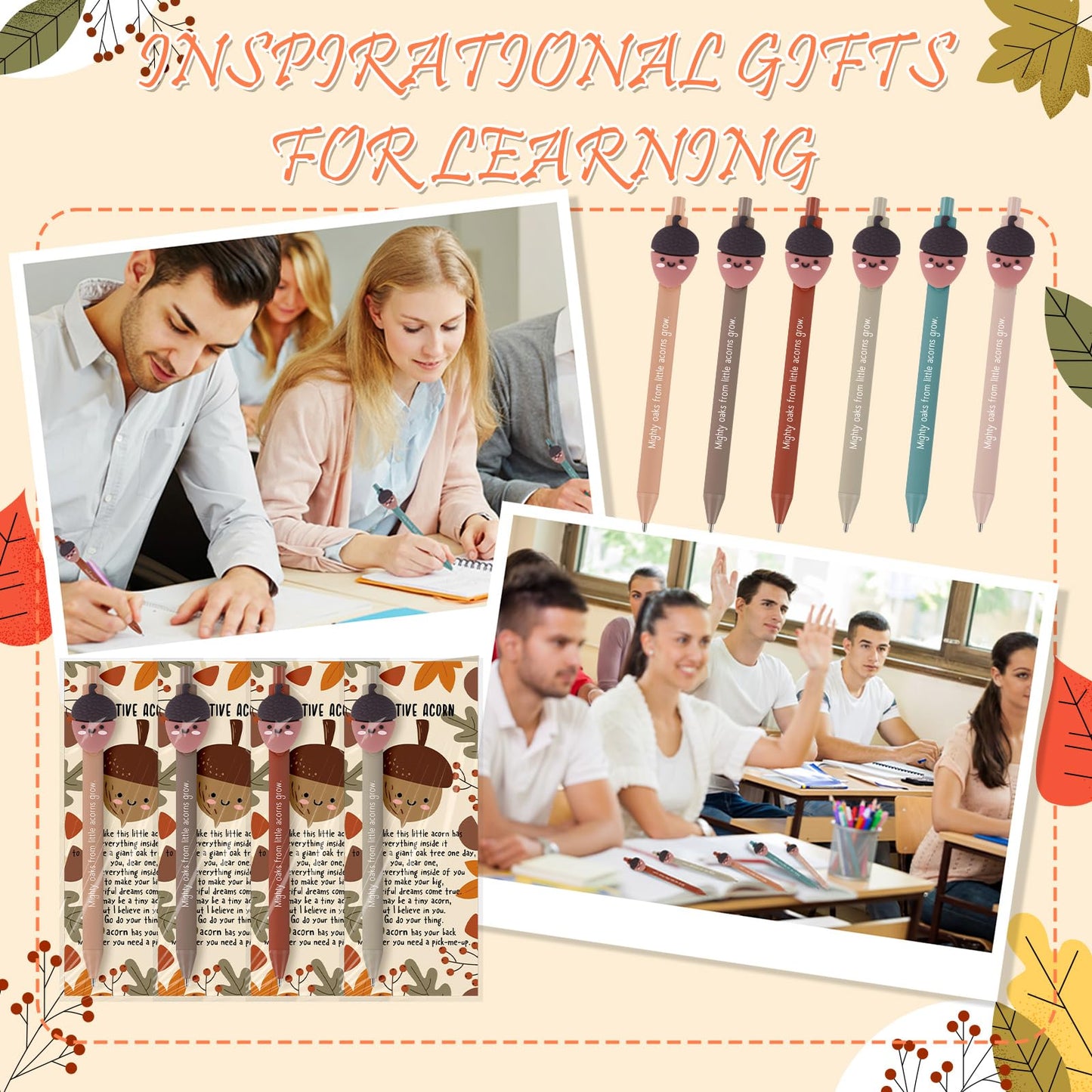 Saypacck 30 Set Thanksgiving Gift Bulk for Coworkers Positive Acorns Ballpoint Pens with Inspirational Positive Cards Emotional Appreciation Fall Gifts for Staff Friend Office Supplies Party Decor