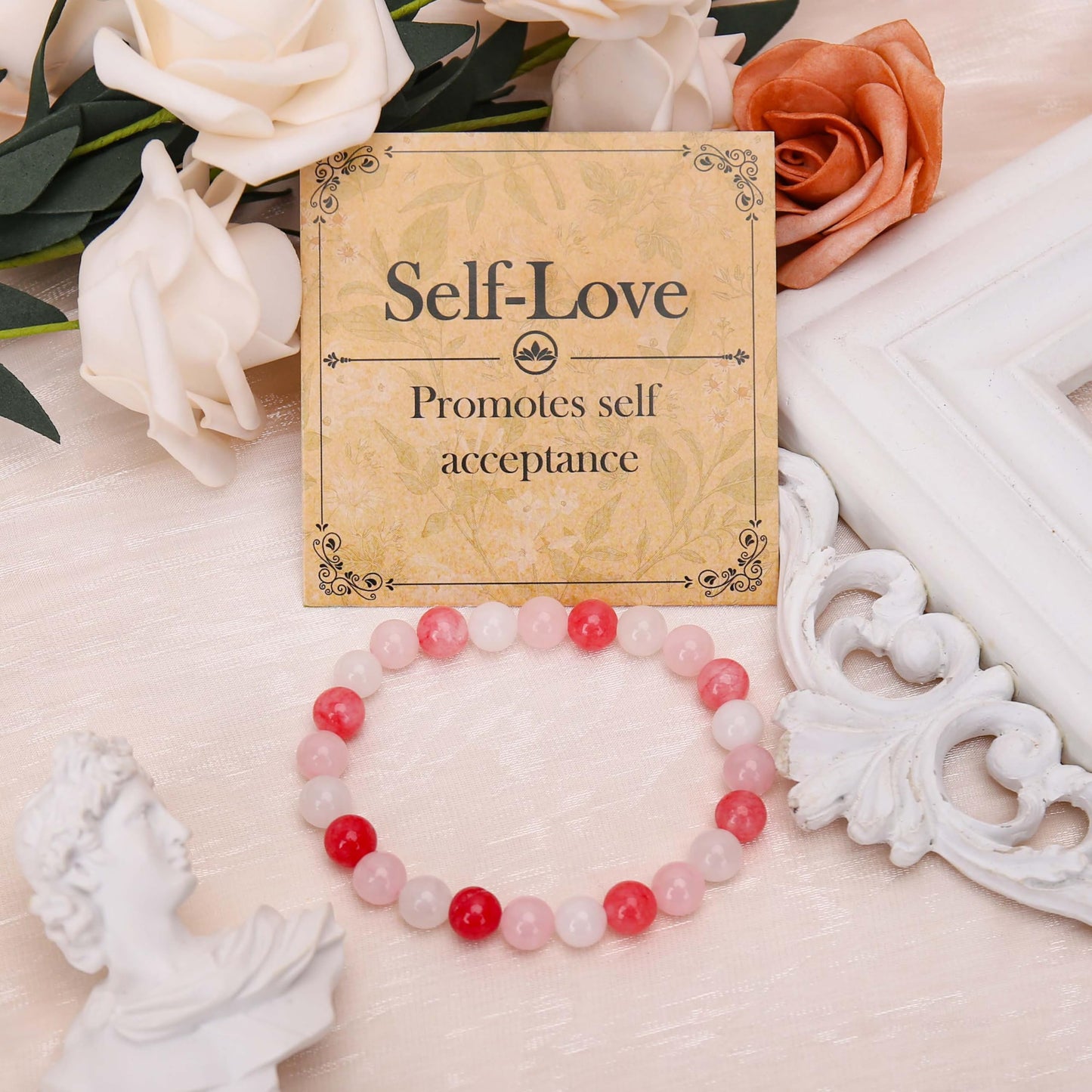 BONNY BOXX Mixed 8mm Natural Stone Bracelet for Love, Handmade Stretch Pink Quartz White Jade Bracelet Adjustable Crystal Healing Jewelry for Unisex Spiritual Gift