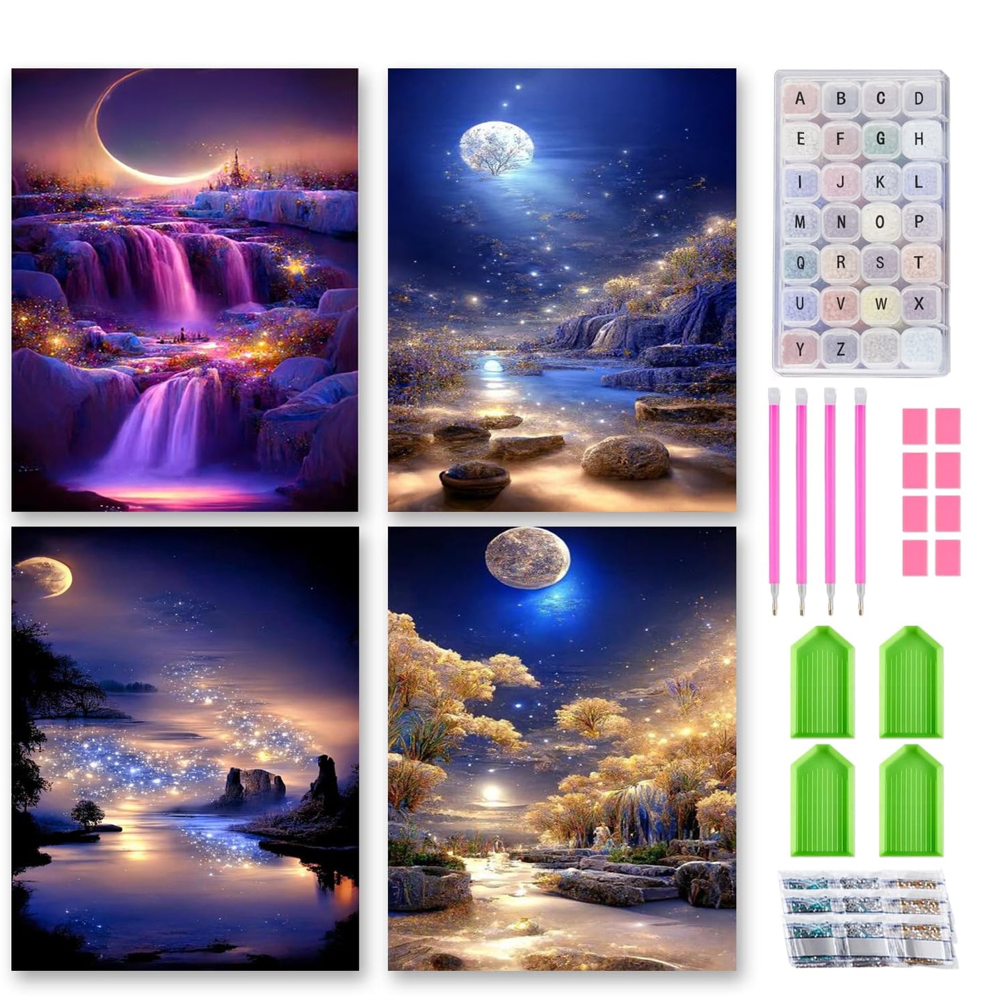 Josongslax Diamond Painting Kits with Storage Containers, 4 Pack 5D Diamond Art Kits for Adults, Arts Crafts for Adult DIY Home Wall Aesthetic Decor Gift 12 x 16 Inch, Moonlight Scenery