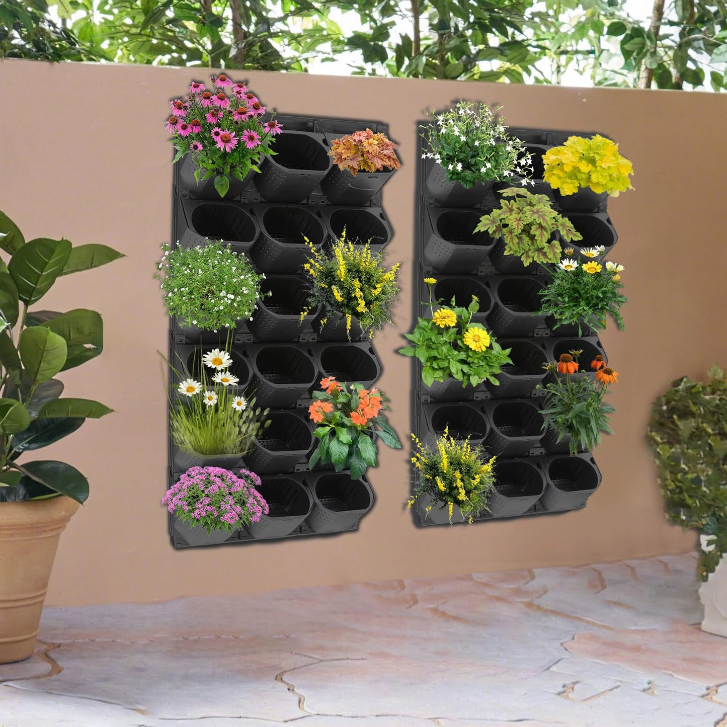 trggvvrt 36 Pockets Vertical Wall Planter, Wall Mounted Flower Pot Holder with 180LB Capacity,10.56 oz Self Watering Pots & 36 Non-Woven Bags for Indoor Outdoor Herbs,Flowers,Strawberries (Black)