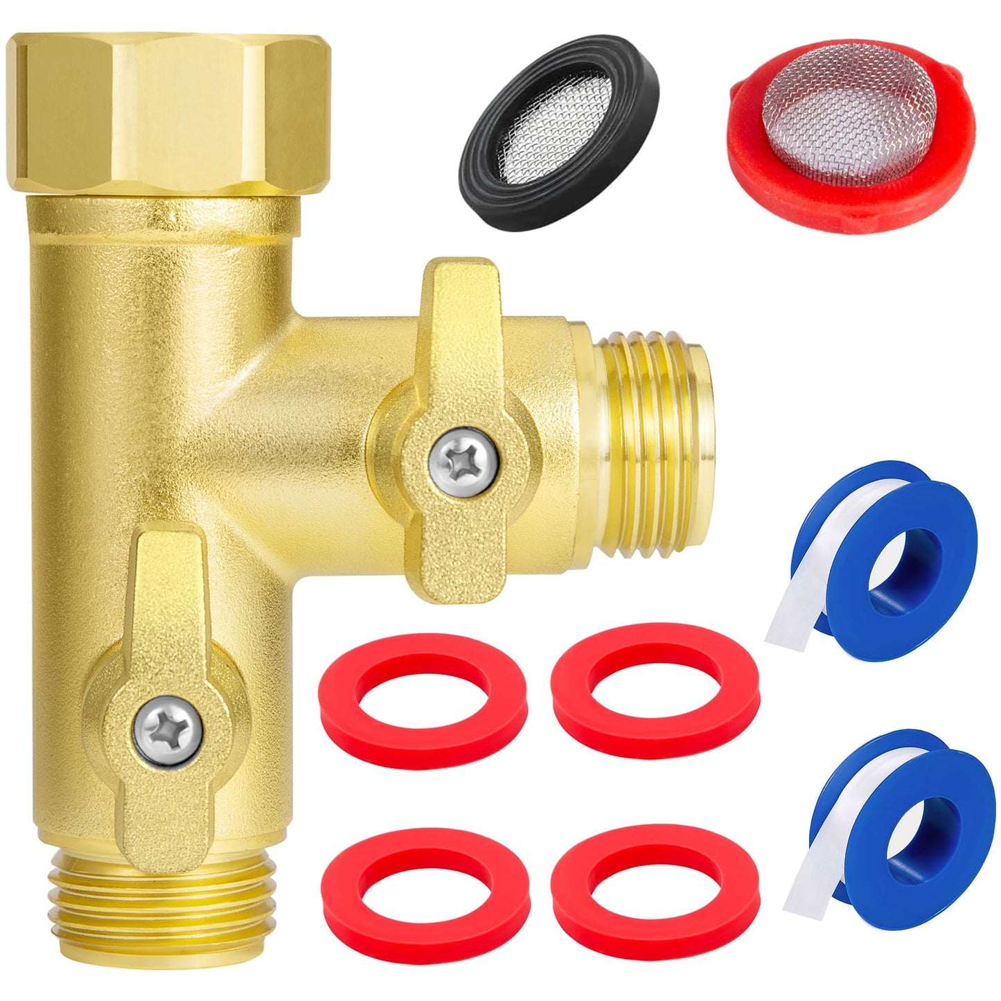 Breezliy Heavy Duty Metal 2 Way Type Garden Hose Splitter,3/4" 1.6MPa High Flow Spigot Faucet Connectors,with Shut-Off Valves, Comfort Grip,with washers&tape