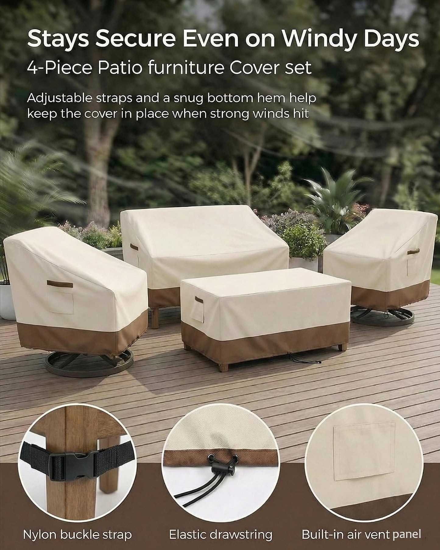 4-Piece Patio Furniture Cover Set, Waterproof Outdoor Furniture Covers for 3-Seater Sofa, Patio Chairs & Coffee Table, Heavy-Duty 600D, Fade&UV-Resistant, Breathable, All-Season Protection,Beige&Brown