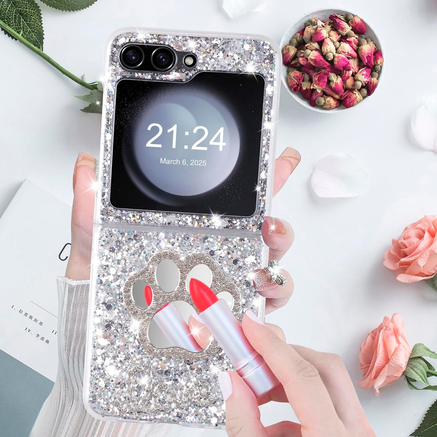 DAKORIE Galaxy Z Flip 5 Case Glitter Love Paw Mirror Flip Protective Cover for Samsung Galaxy Z Flip 5 2023 5G for Women Girl - Paw