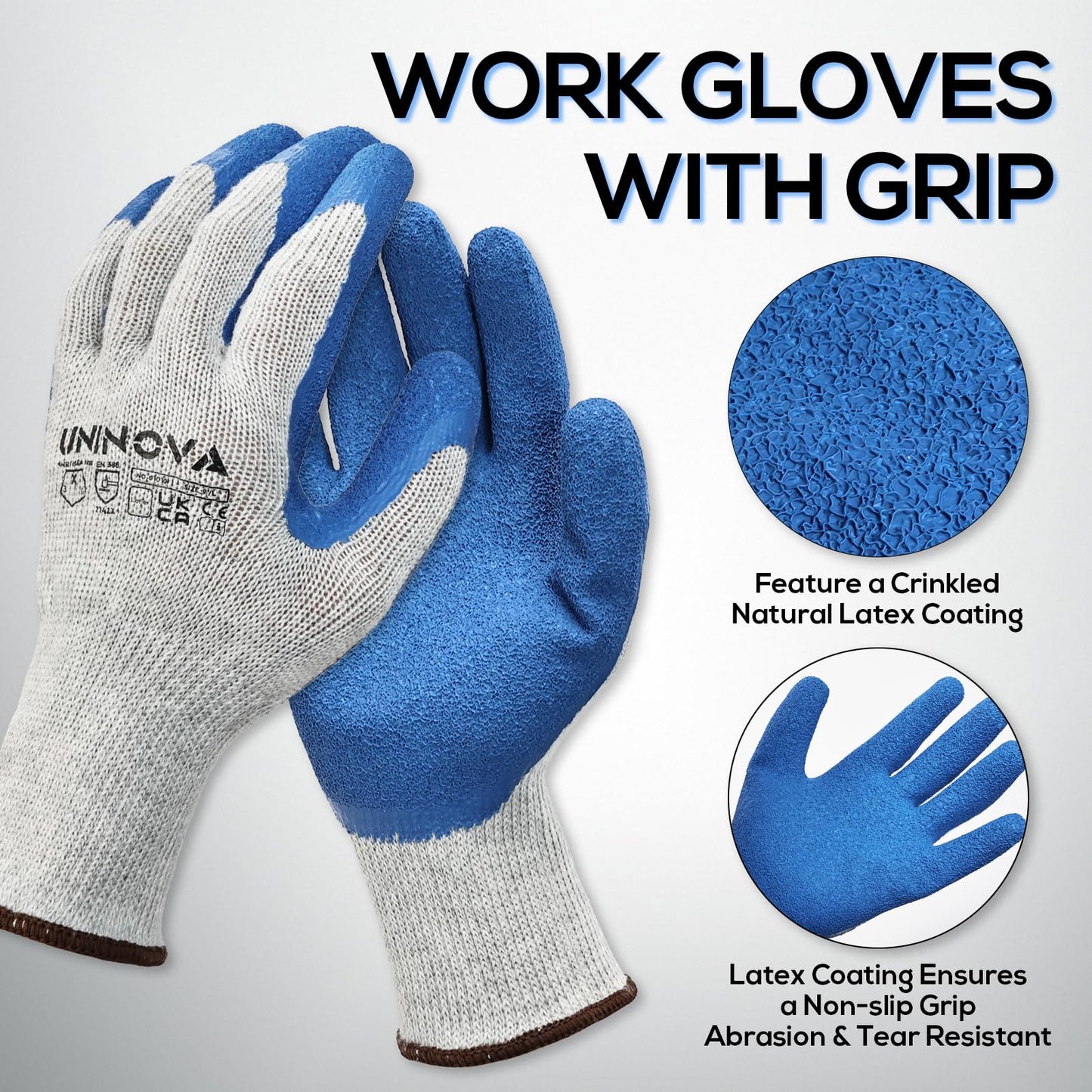 UNINOVA Work Gloves, Crinkle Rubber Latex Palm Coating, Safety Work Gloves with Grip, Non-slip Bulk for Men Women, Construction Warehouse General Handling(Large,12Pairs)