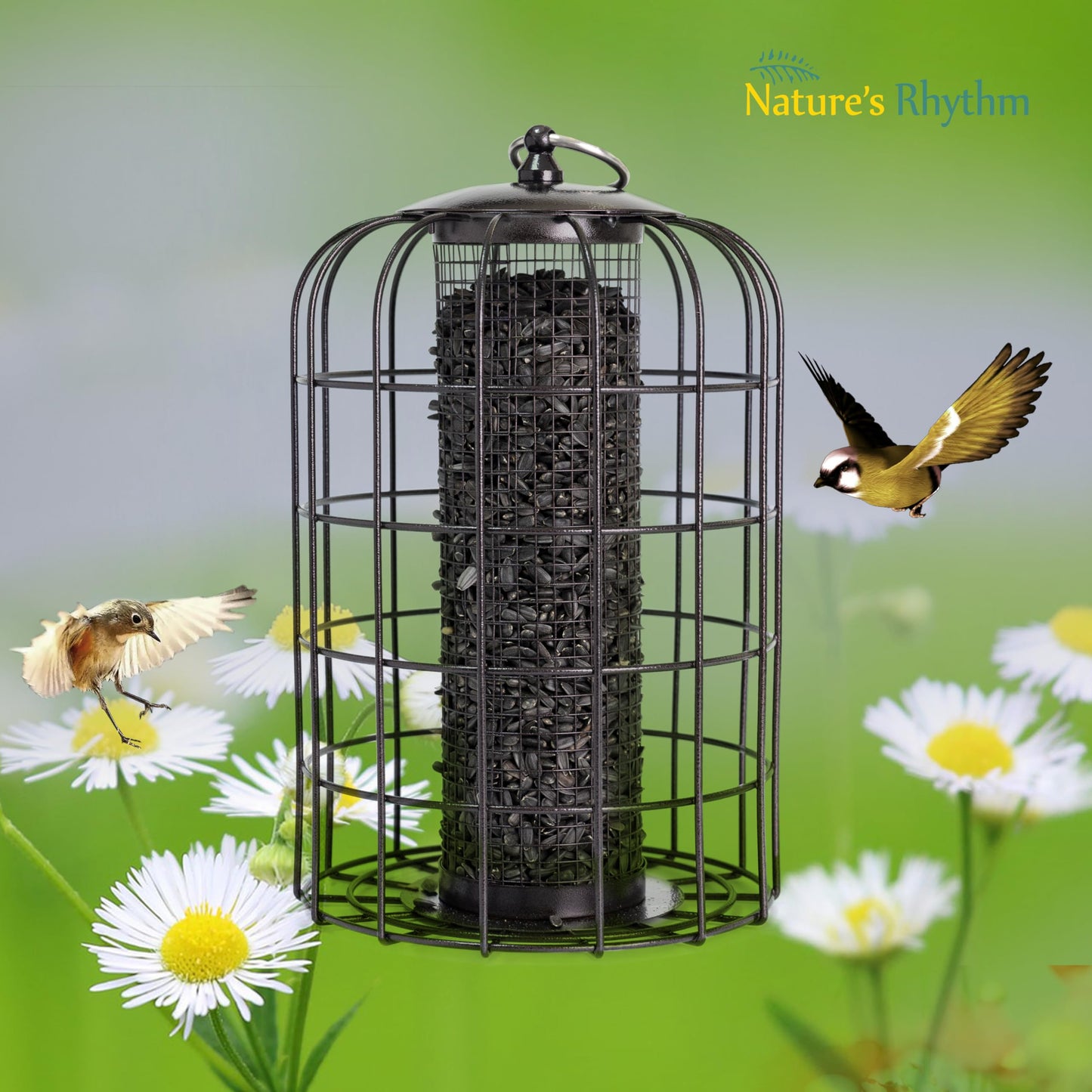 Nature's Rhythm Outdoor Hanging Bird Feeder Cage Mesh Tube Squirrel Proof Wild Bird Feeder with Large Metal Seed Guard Deterrent Green