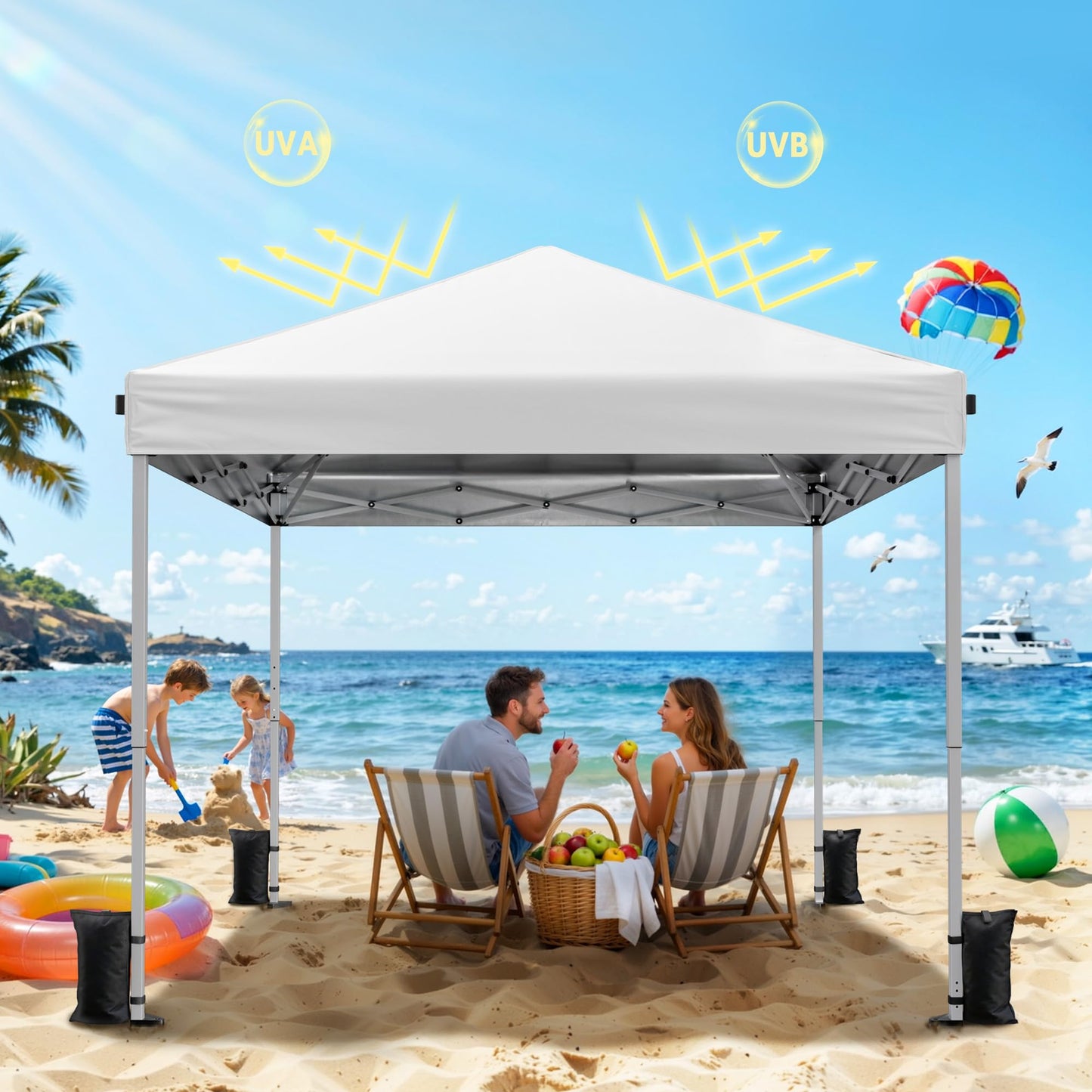 Driftalia 10x10 Pop Up Canopy Tent, Instant Setup Portable Canopy with Carry Bag, 4 Sandbags and 8 Stakes for Outdoor Events, Parties & Camping - White