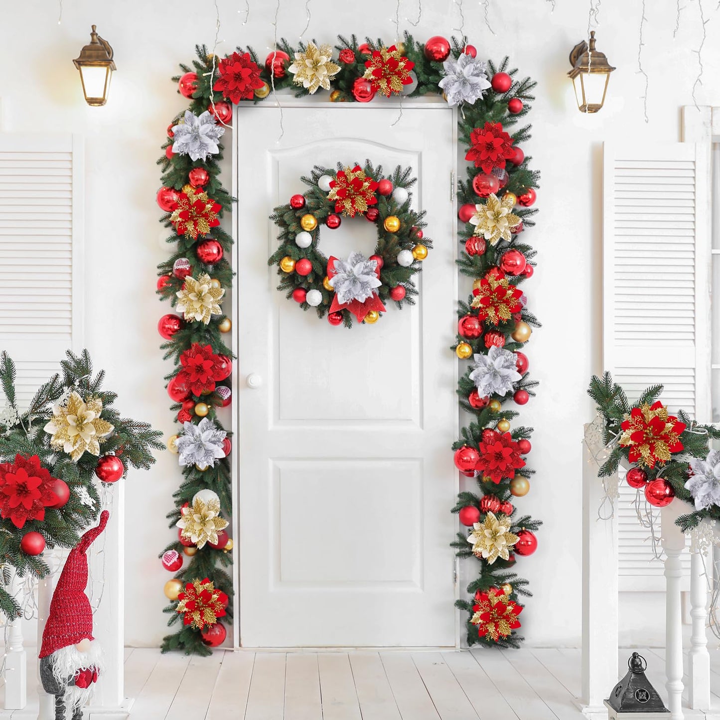 48 Pcs Christmas Poinsettia Artificial Flowers with Clips 5.5" Christmas Tree Wreaths Garland Decoration Glitter Flowers Picks Decor with Stems for DIY Xmas Wreath New Year Holiday Home Party Decor