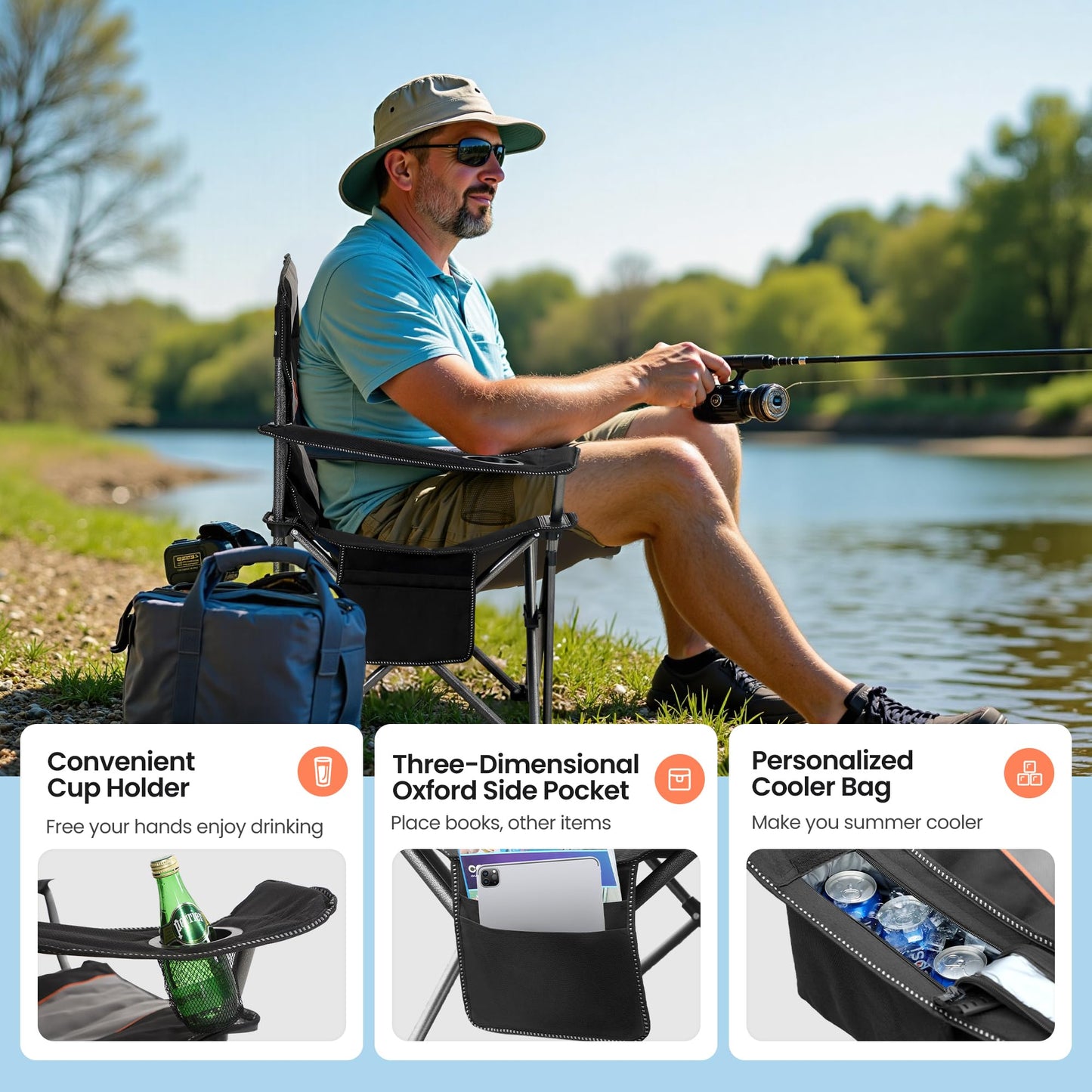 HIGH POINT SPORTS Oversized Folding Camping Chair, Heavy Duty Portable Camp Lawn Chairs, Folding Chairs for Outside with Cup Holder and Cooler Bag for Travel, Beach Support 450 LBS, 2 Pack, Black