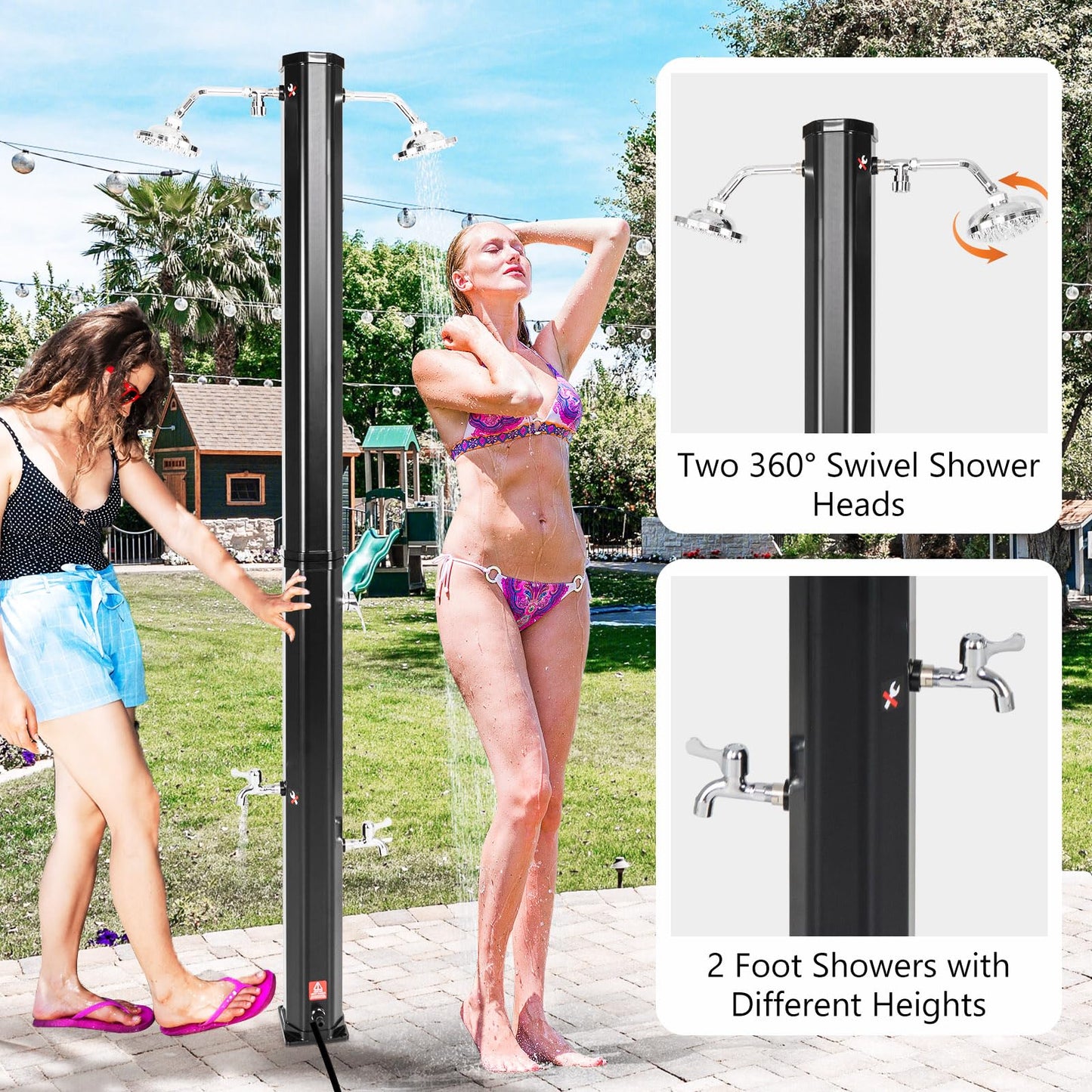 Goplus 9.3 Gallon Solar Heated Outdoor Shower, 7.2 FT Freestanding Garden Shower with Dual Swivel Shower Heads & 2 Foot Showers, Adjustable Temperature,for Poolside Backyard Beach