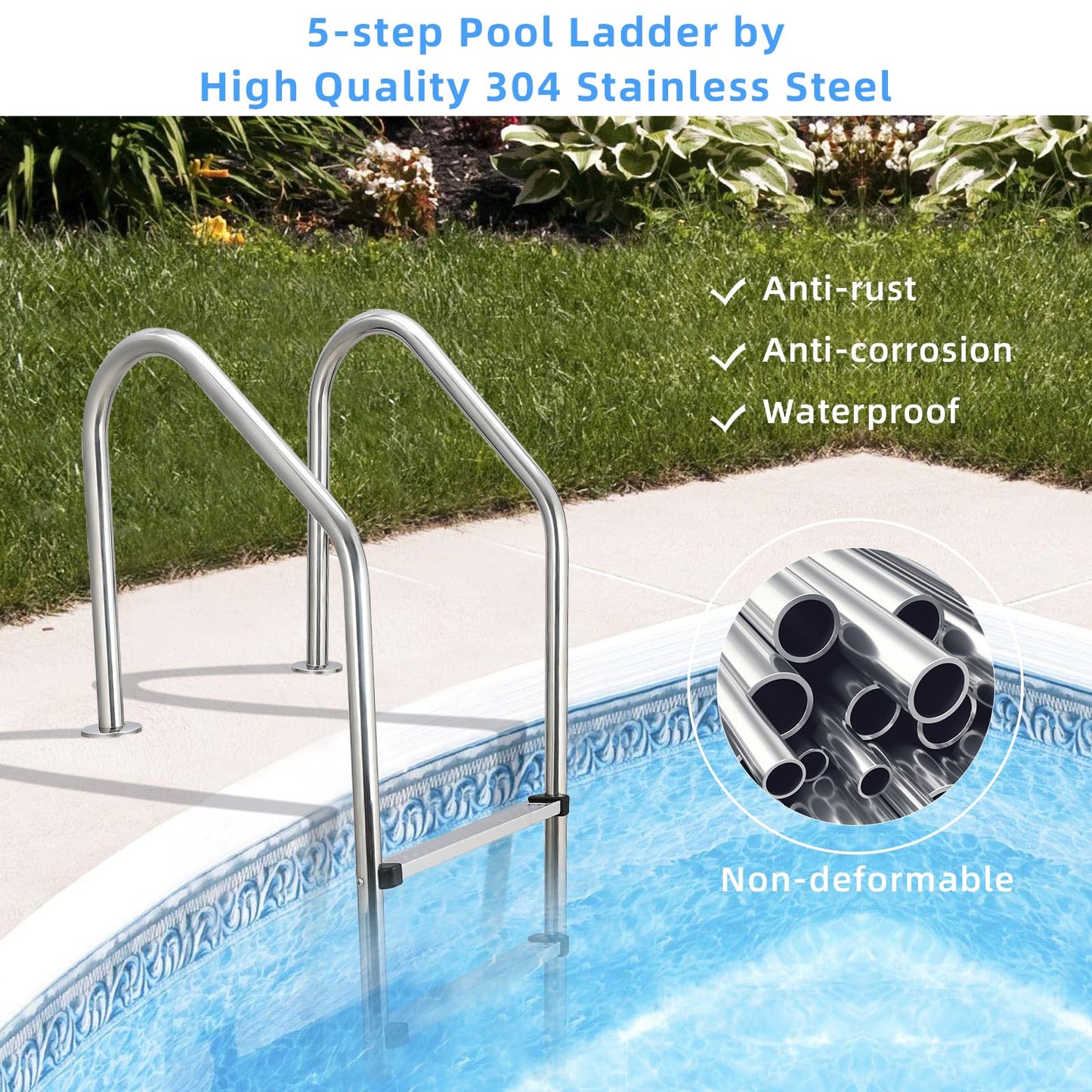 Swimming Pool Ladder, 5-Step Thickened Stainless Steel, Heavy Duty Non-Slip Above Ground Pool Ladder, Weight Capacity 385lbs, for Indoor/Outdoor Pool, Easy Assembly, Sliver