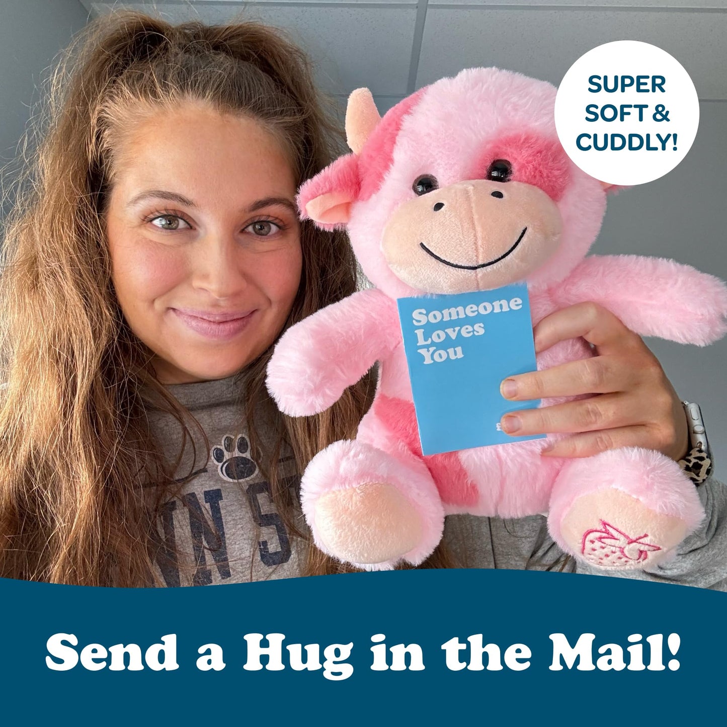 SendAFriend Sally The Strawberry Cow Stuffed Animal Care Package, Someone Loves You Box, Great Gift for Any Reason (Happy Birthday Notecard)