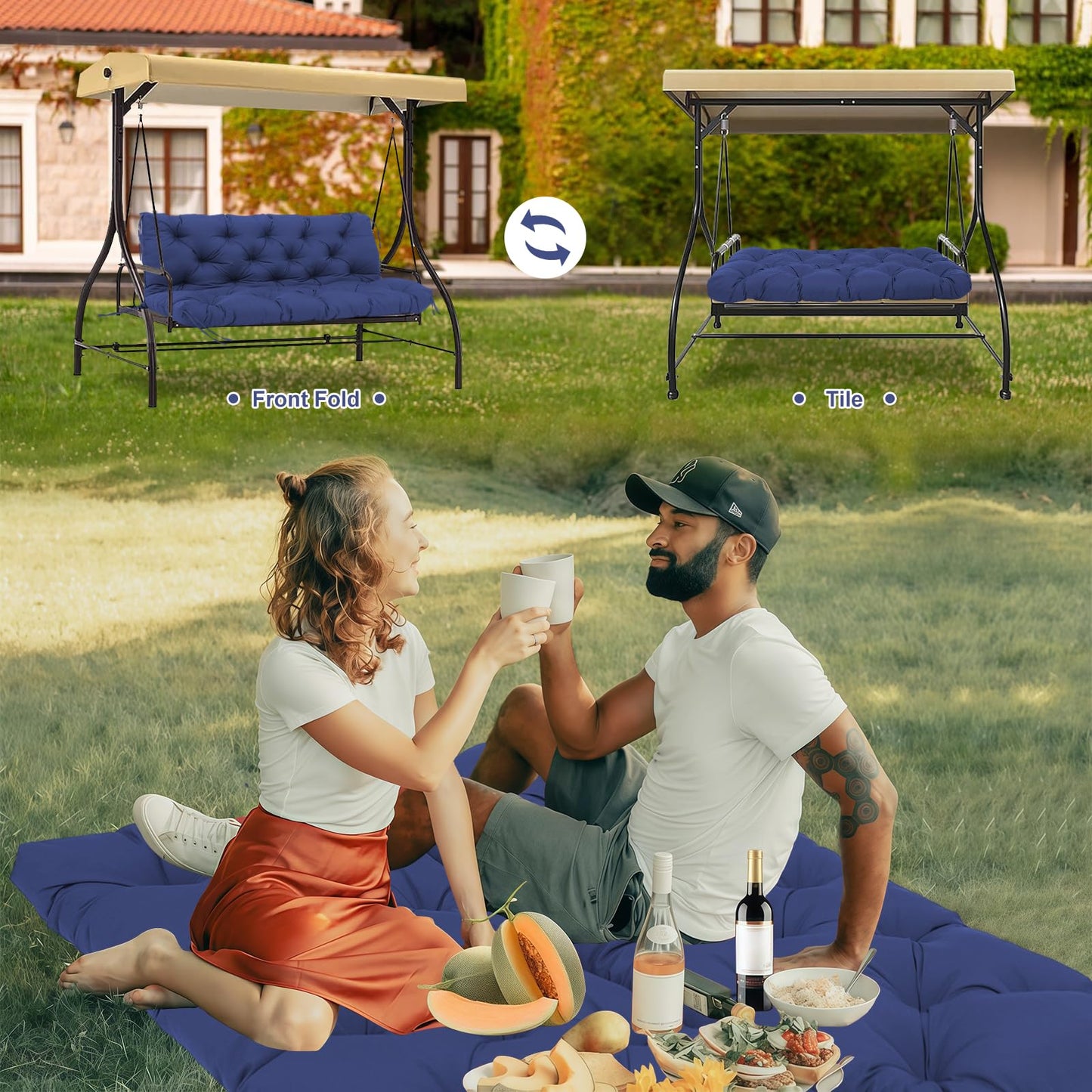 SXBFHGH Swing Cushions 3 Seater Replacement Waterproof Outdoor Porch Swing Cushion with Backrest Extra Thick 5" Swing Cushions for Outdoor Furniture Patio Bench Garden Backyard (Navy Blue 60x40x5inch)