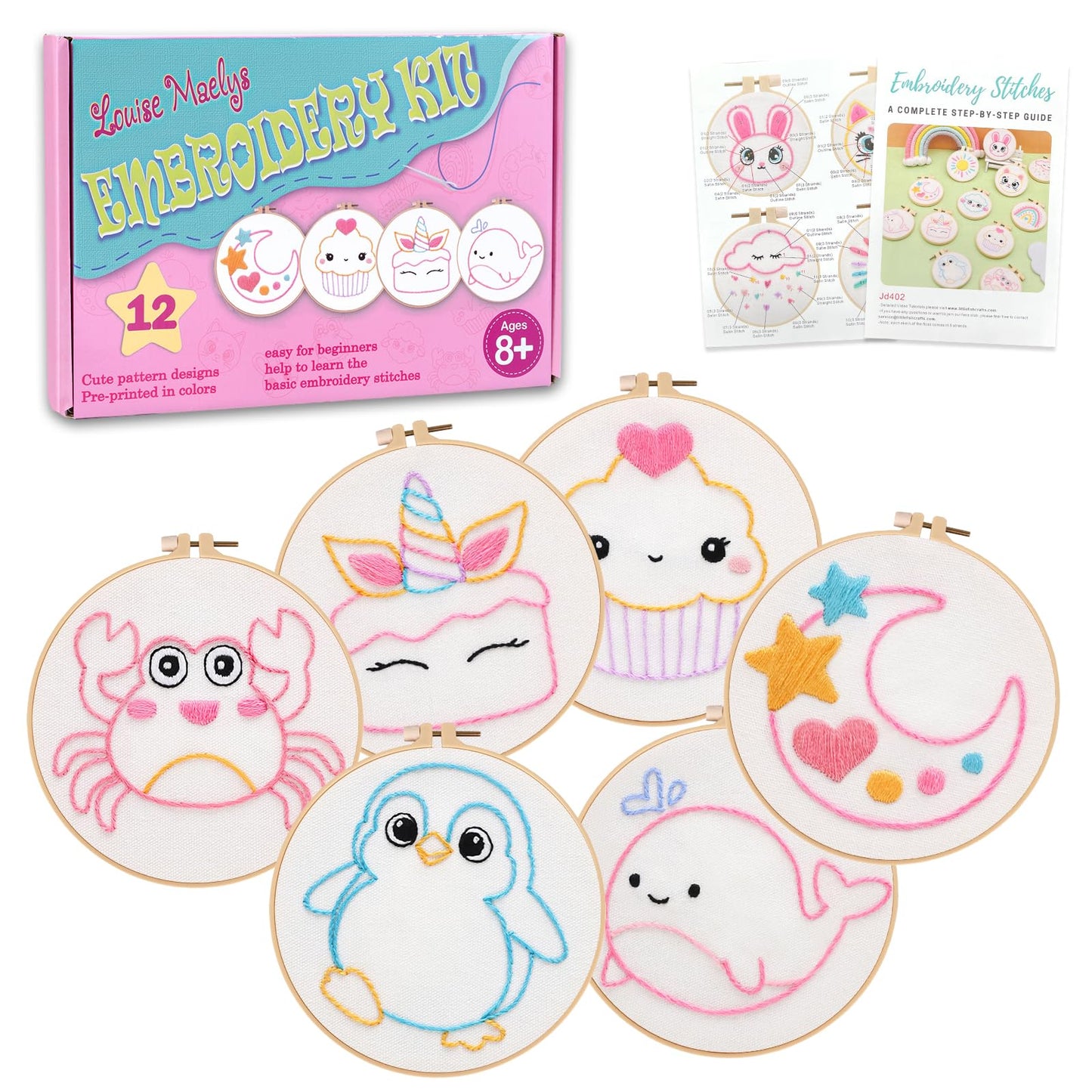 Louise Maelys Embroidery Kit for Beginners, 12 Packs Pre-Printed DIY Sewing Craft Kit,Kids Girls Cross Stitch Kit with Hoop, Threads, Needles and Scissors, Cute Animal & Cartoon Patterns