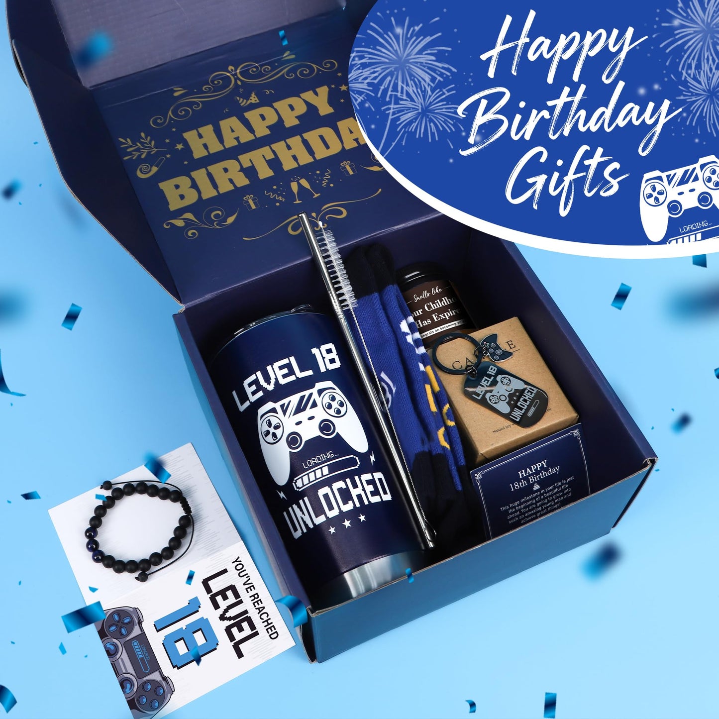 Keluna 18th Birthday Gifts for Boys - 18 Year Old Boy Birthday Gifts Idea with 20 Oz Tumbler, Bracelet, Socks, Keychain, Greeting Card for Son, Nephew, Grandson, Brother, Boyfriend Christmas Holiday