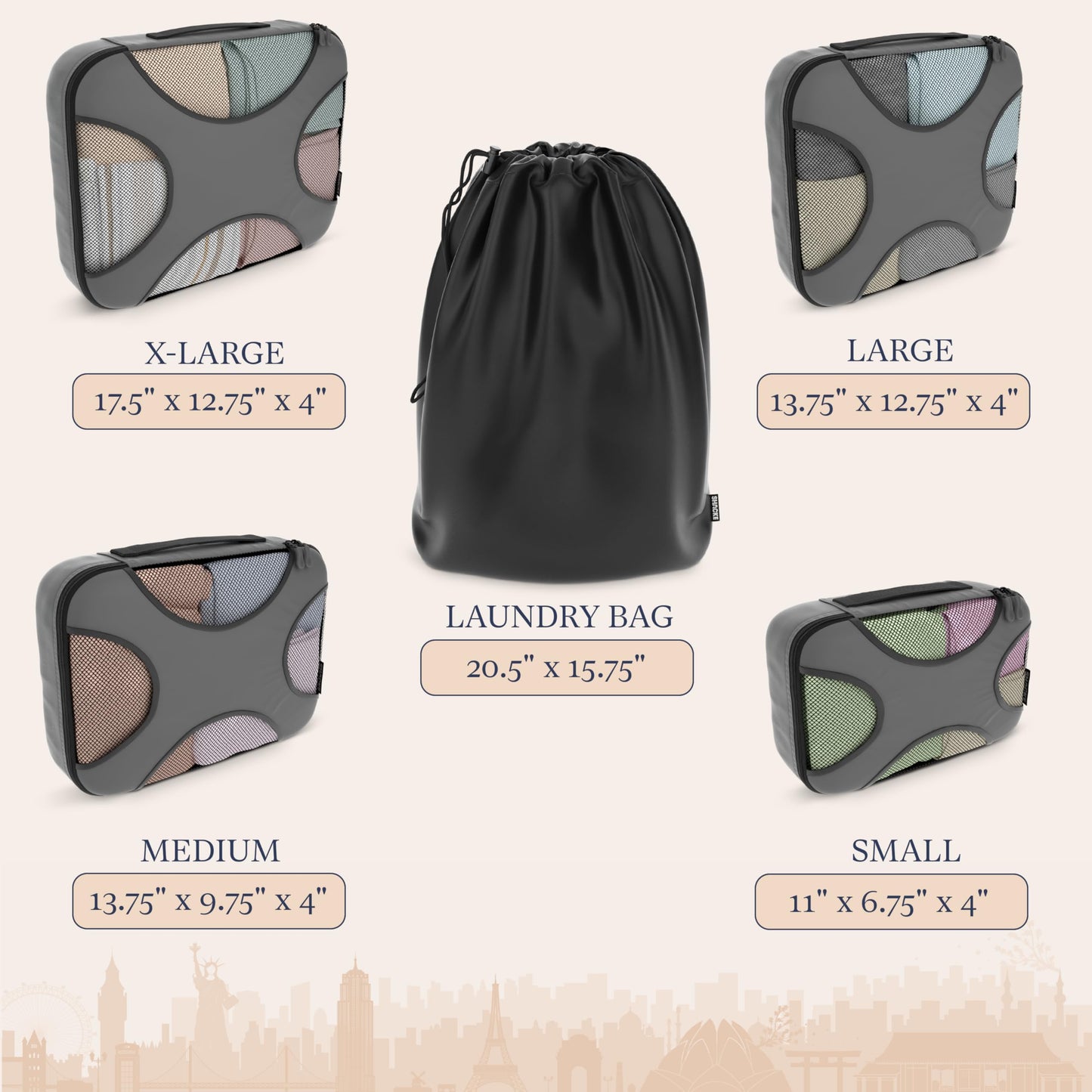 Shacke Packing Cubes for Travel 5 Set - Premium Luggage Organizer Bags - Versatile Travel Organizer for Women and Men - Optimized Packing Bags - Travel Essentials (Dark Grey)