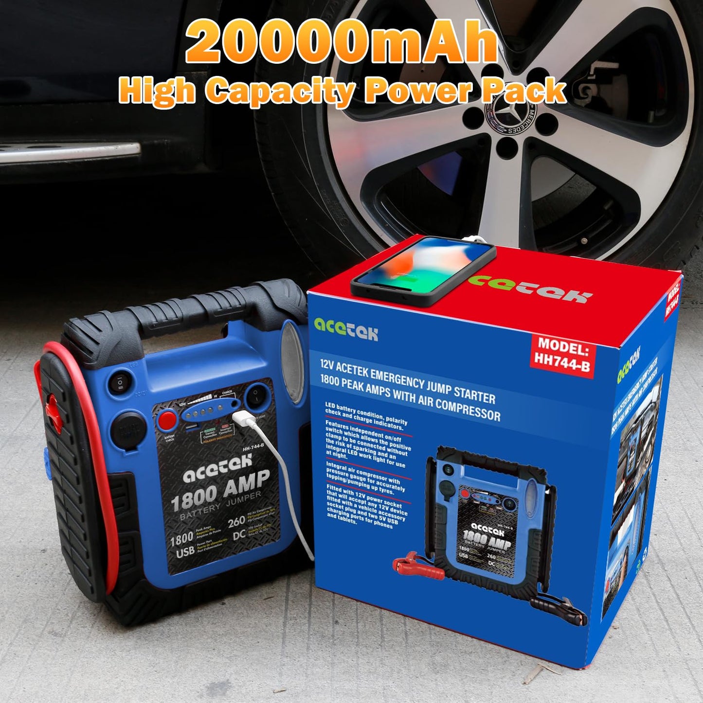 acetek 1800A Jump Starter with Air Compressor, 20000mAh 12V Battery Jumper Pack Booster (6.0L Gas/Diesel), 260 PSI Tire Inflator, Multi-Function Jumper Box with USB Charge & LED Flashlight