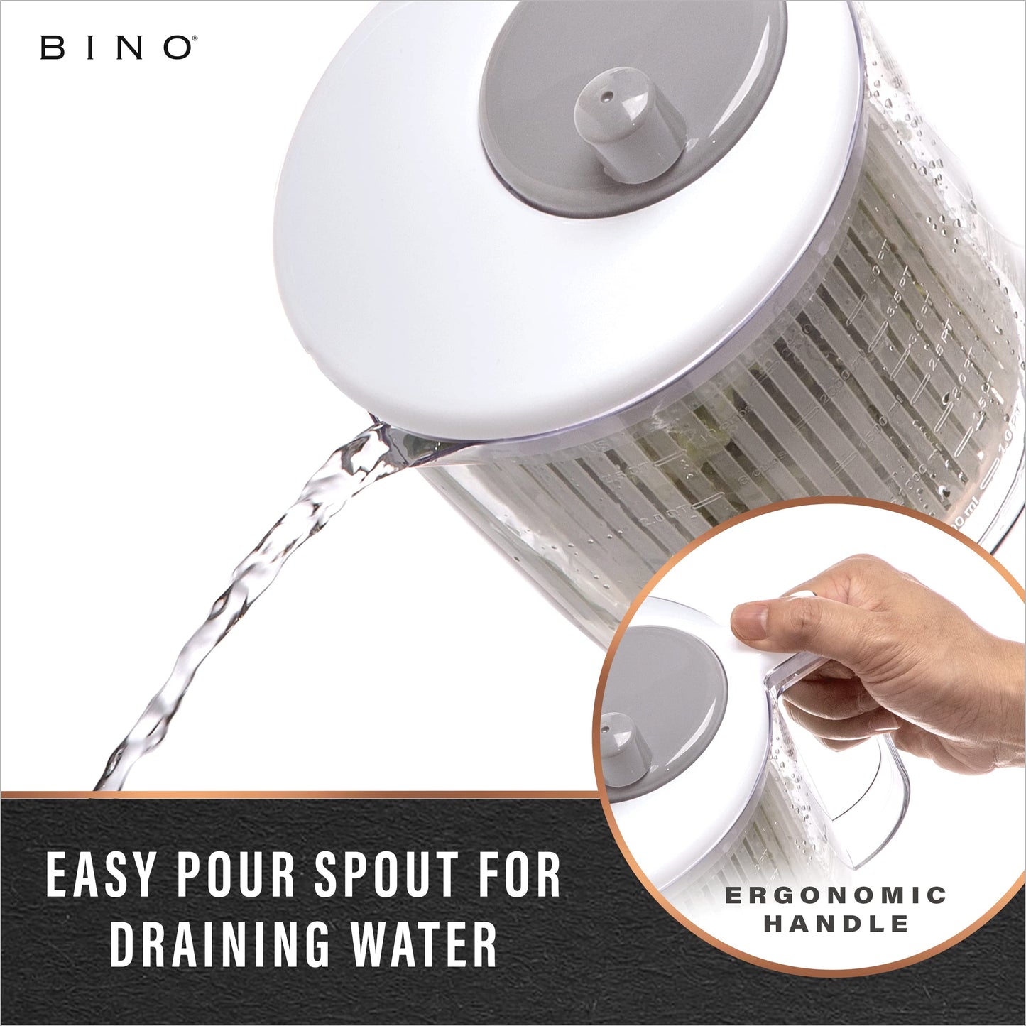 BINO | Salad Spinner - 2.6 Qt | Small Manual Lettuce Spinner with Built-in Draining System | Salad Spinner, Colander, and Water Pitcher in One | Fruit & Vegetable Basket Colander | Kitchen Gadgets