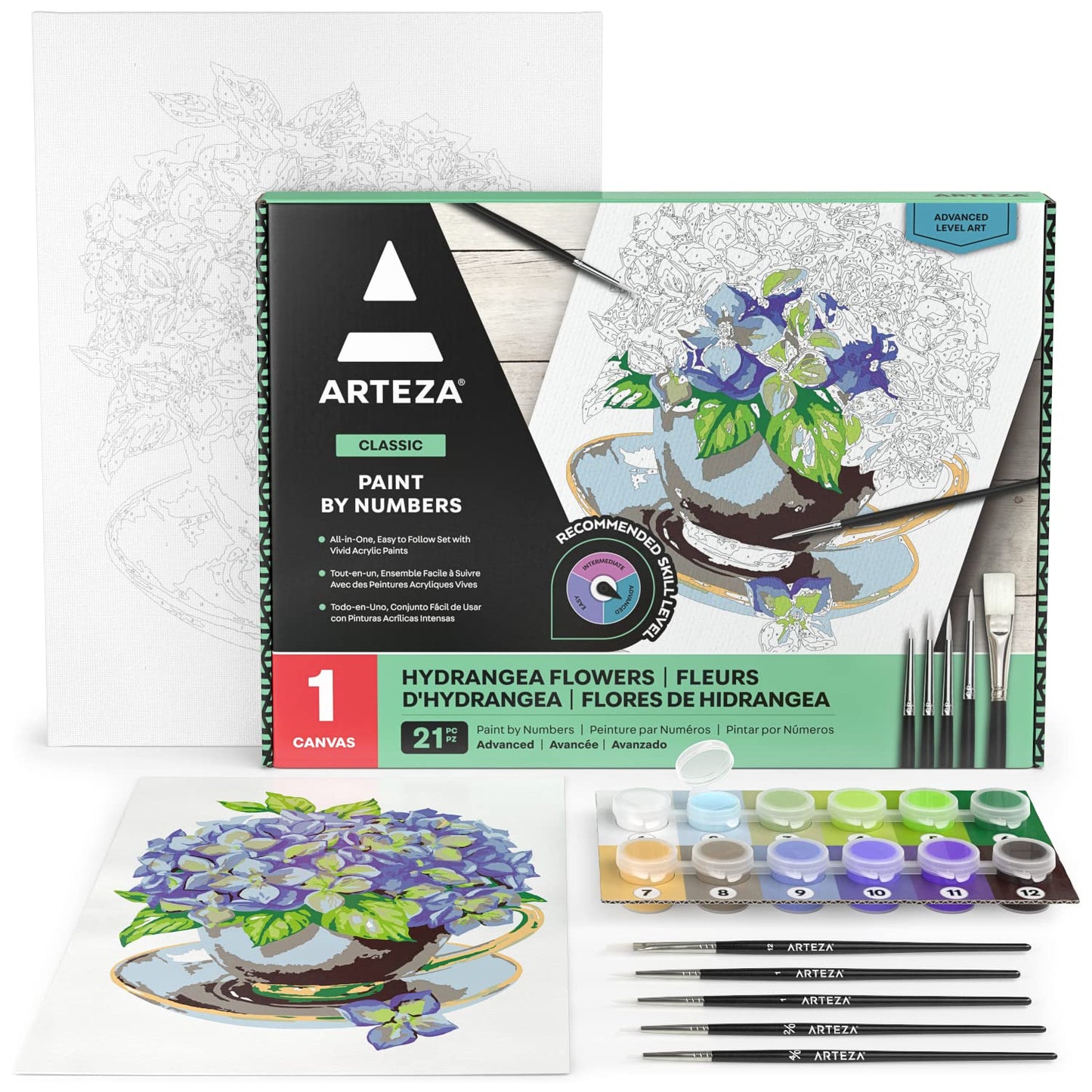 ARTEZA Paint by Number for Adults, 12x16 Inches, 21 Pieces, Hydrangea Flowers Paint by Numbers Kit, 1 Canvas Panel, 12 Acrylic Paint Pots, 5 Paintbrushes, Art Supplies for Home & Office Decor