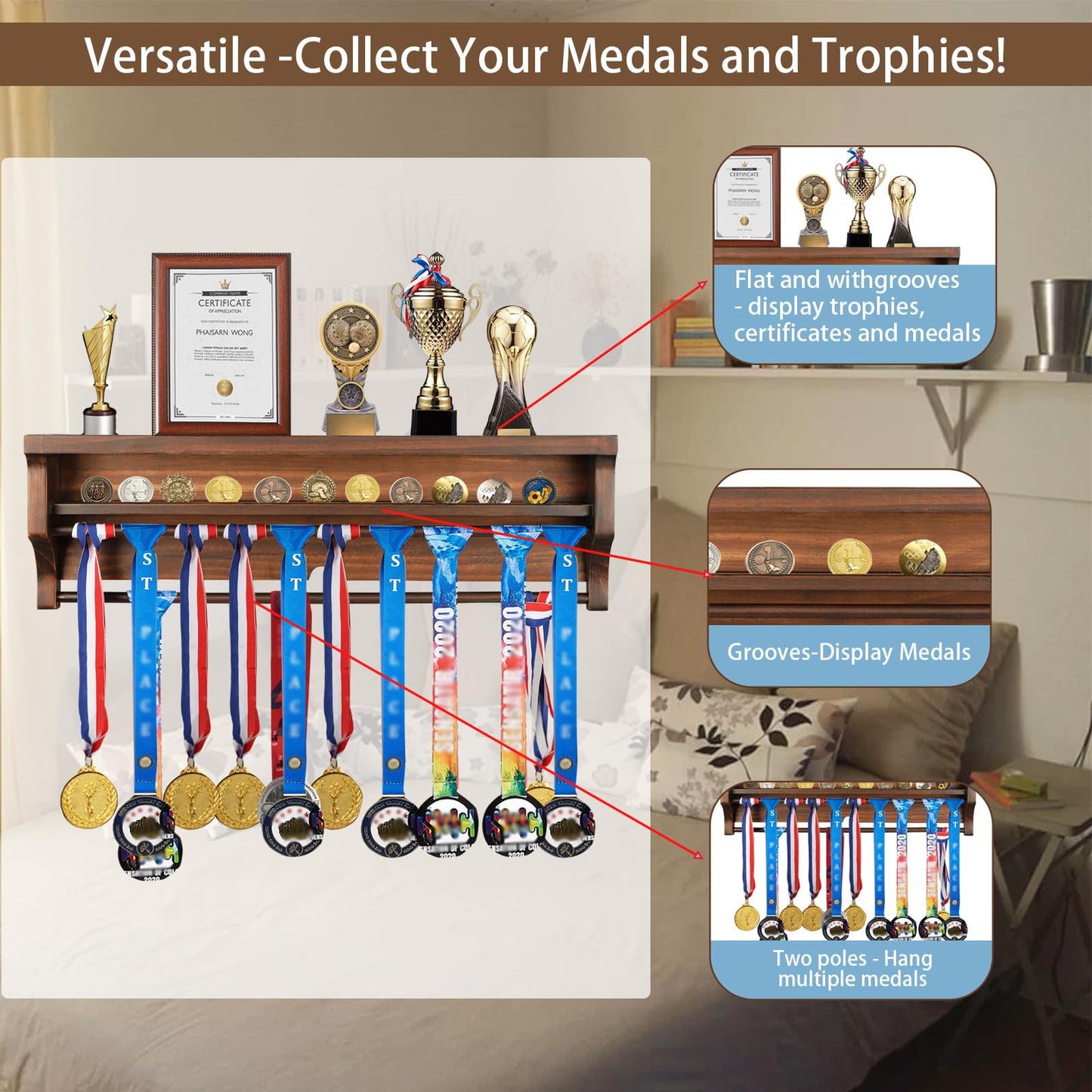 IHEIPYE Solid Wood Medal Hanger Display Shelf Medal Holder, Wall Mount Medal Rack Display Holder for Runners, Marathon, Race Winner,Soccer, Football, Gymnastics & All Sports-Walnut