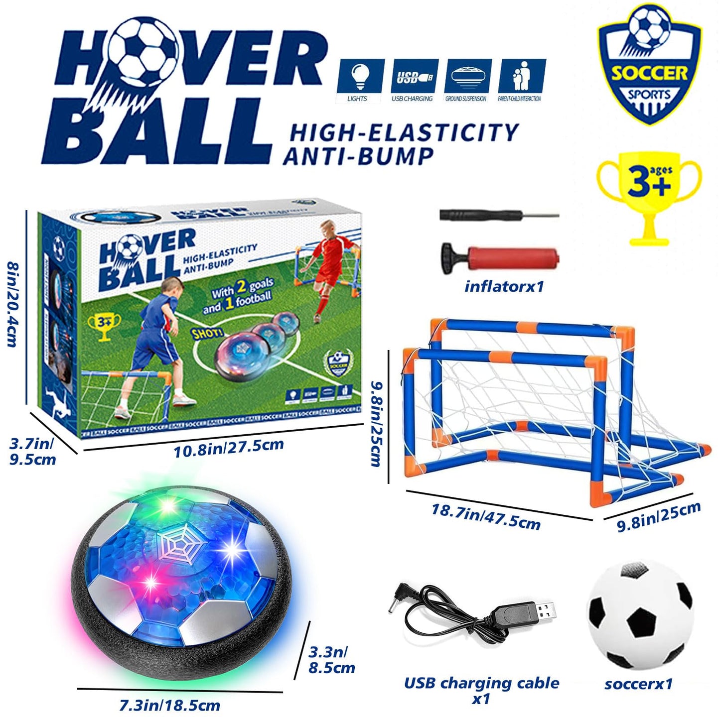 Foneso Hover Soccer Ball Toys for Boys Age 3-12, LED Light Up Air Floating Soccer Ball, Indoor Outdoor Active Play Toy, Birthday for Kids Toddlers Teens (2 in 1 Set)