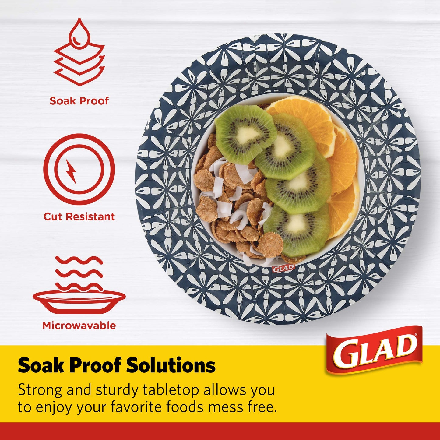Glad Round Disposable Paper Bowls, Blue Mosaic Design - Heavy Duty, Soak-Proof, Cut-Resistant, Microwavable Paper Bowls for All Foods, Daily Use, and Special Occasions, 16 oz, 50 Count