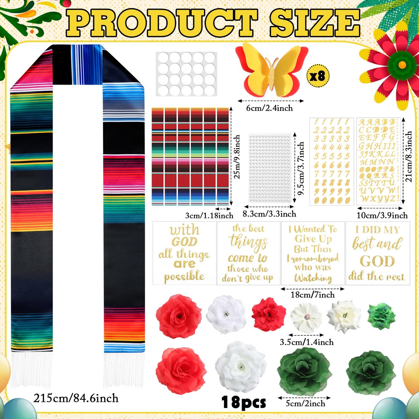 Knitgrip 41 Pcs DIY Mexican Graduation Cap Decorations Kit Graduation Stole Faux Flower Heads Graduation Quotes 3D Butterfly Glitter Letter Stickers Pearl Stickers for Graduation Cap Decoration Craft