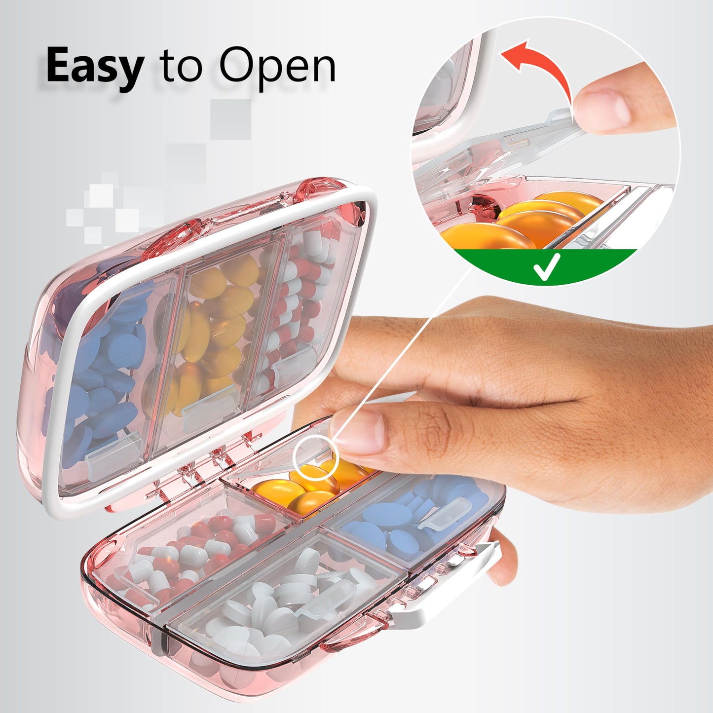 Travel Pill Organizer - Moisture Proof Portable Vitamin Holder with 7 Compartments, Compact Supplement Case for Purse Essential Medicine Kit fot Traveling Pocket Pharmacy with Labels, Pink