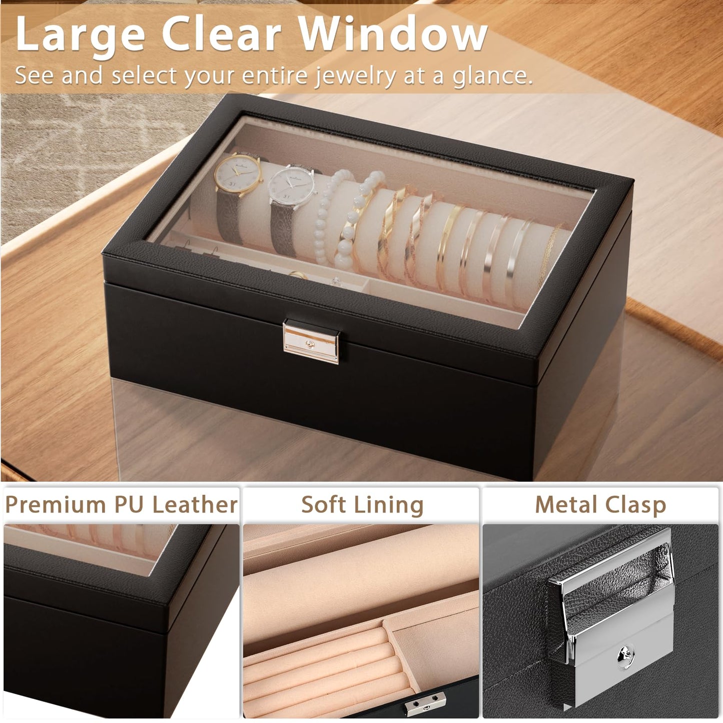 Jolensoy Jewelry Organizer Box with Clear Glass Lid, Bracelet Holder Jewelry Storage Case for Earrings, Rings, Bangles, Watches - PU Leather Jewelry Display Box Gifts for Women Girls, Black