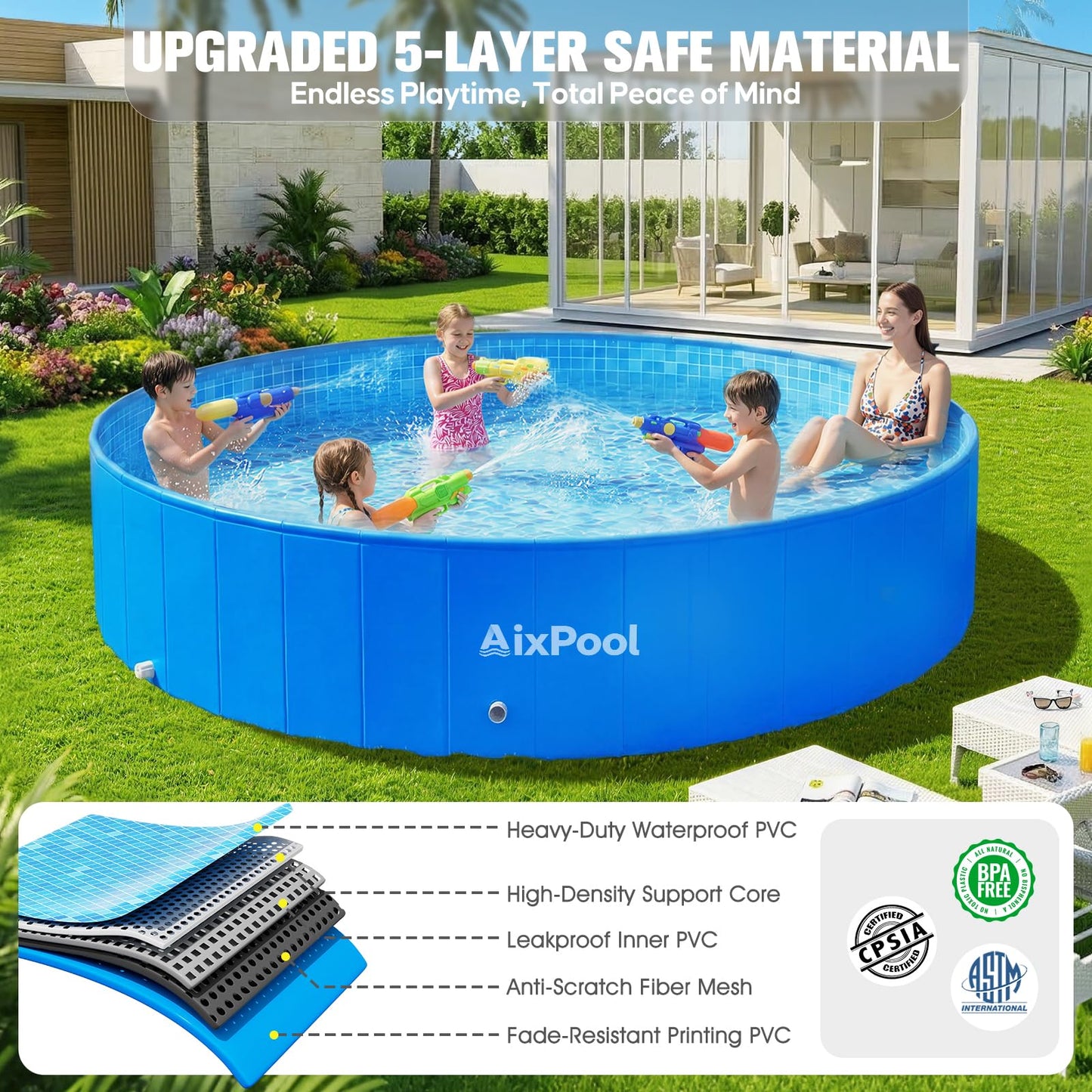 AixPool 2026 Large Foldable Pool,Non-Inflatable Pool for Adult,Foldable Swimming Pool,Plastic Kiddie Portable Pool,Collapsible Kid Pool for Backyard,Oversized Easy Setup Family Pool for Adult,7.5FT