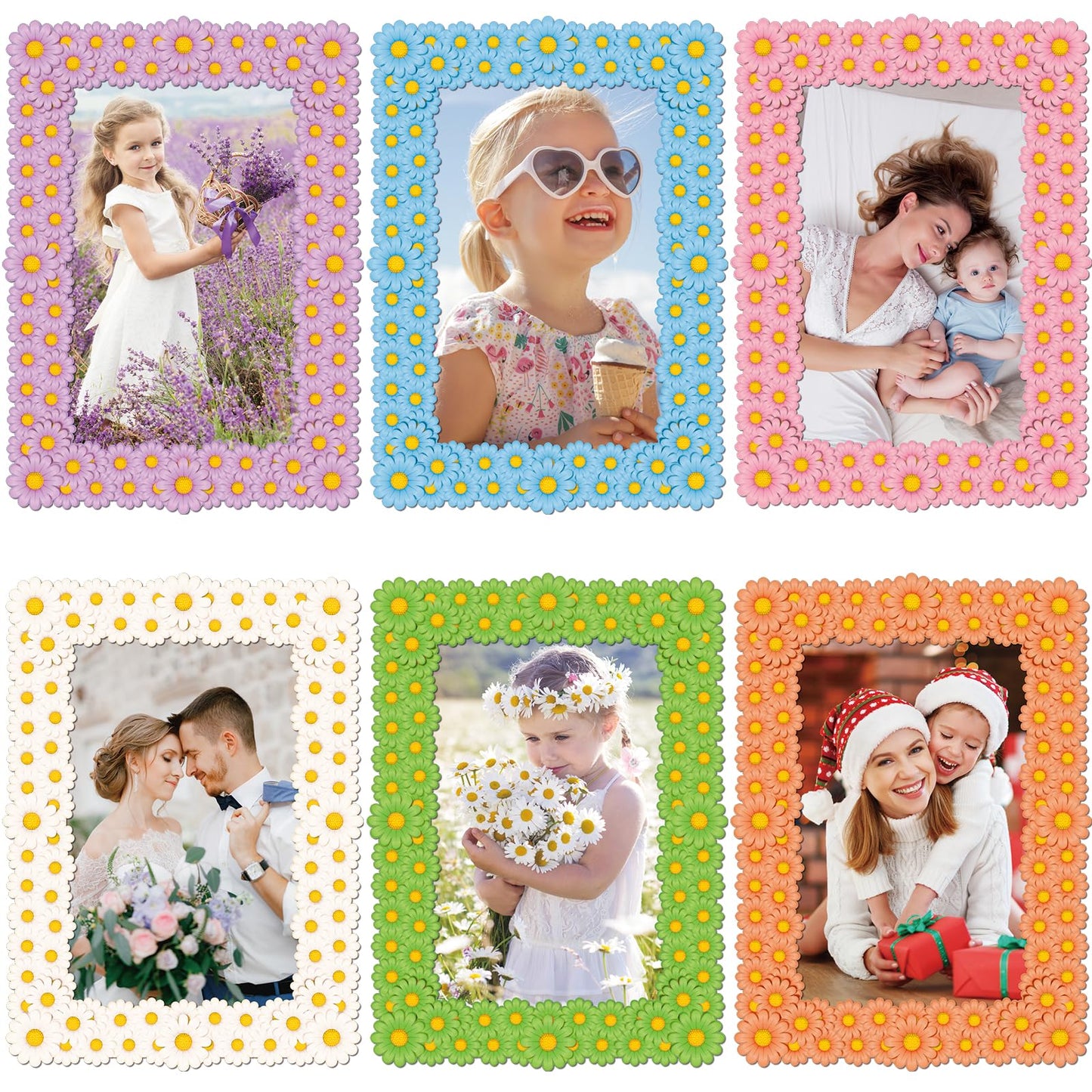 SUNEZLGO 6 Pack Magnetic Picture Frame, 4 x 6 Inches Fridge Magnetic Photo Frames, Magnetic Photo Frames for Refrigerator, Daisy Design Picture Frames for Home School Office