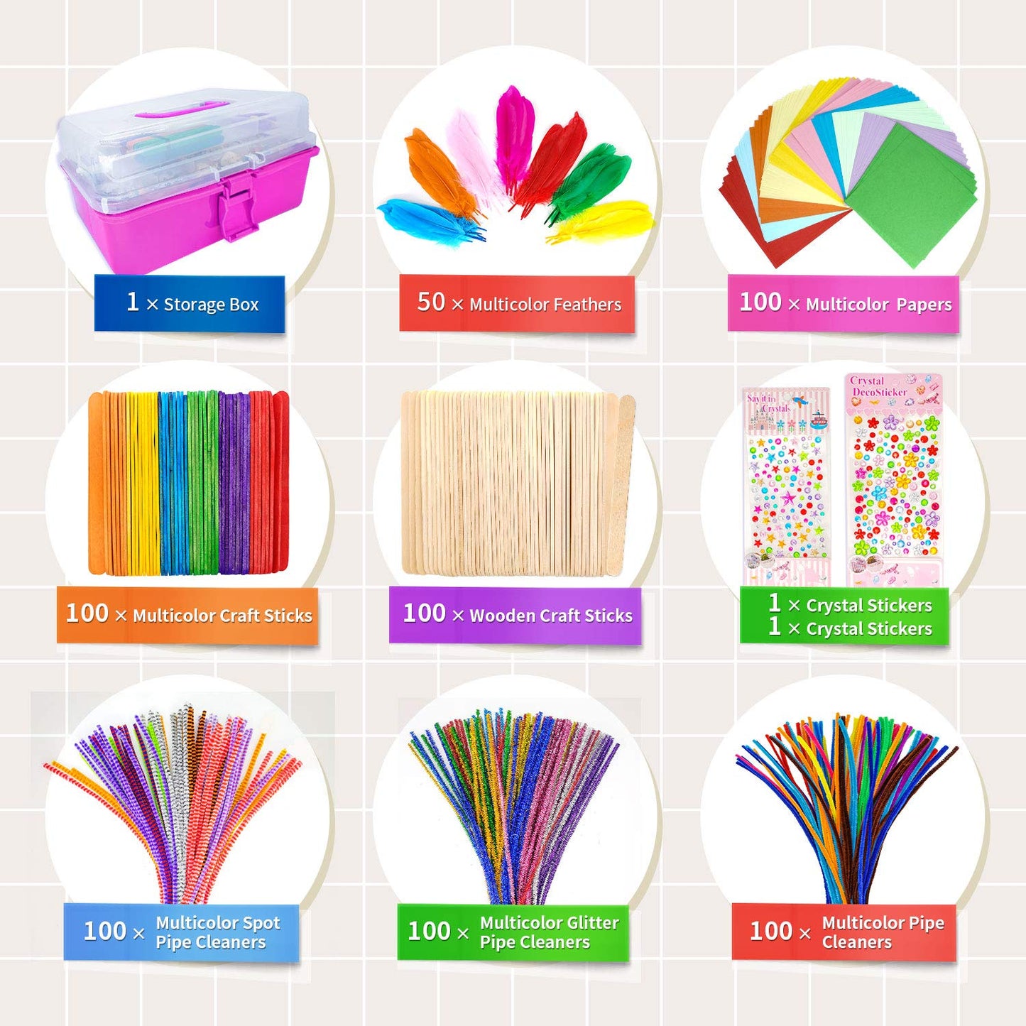 kortes Art and Craft Supplies for Kids, Toddler DIY Craft Art Supply Set Included Pipe Cleaners, Pom Poms, Feather, Folding Storage Box - All in One for Craft DIY Art Supplies, Rose Red