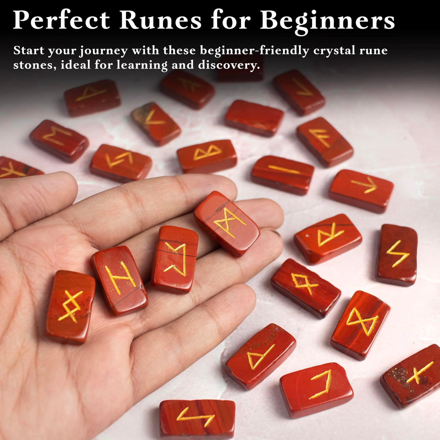 Crocon Red Jasper Rectangle Shape Gemstone Runes with Elder Futhark Alphabet Engraved 25 pcs Rune Set Crystal Divination Metaphysical Healing Balancing Chakra Reiki Runes with a Pouch| Size : 20-25mm