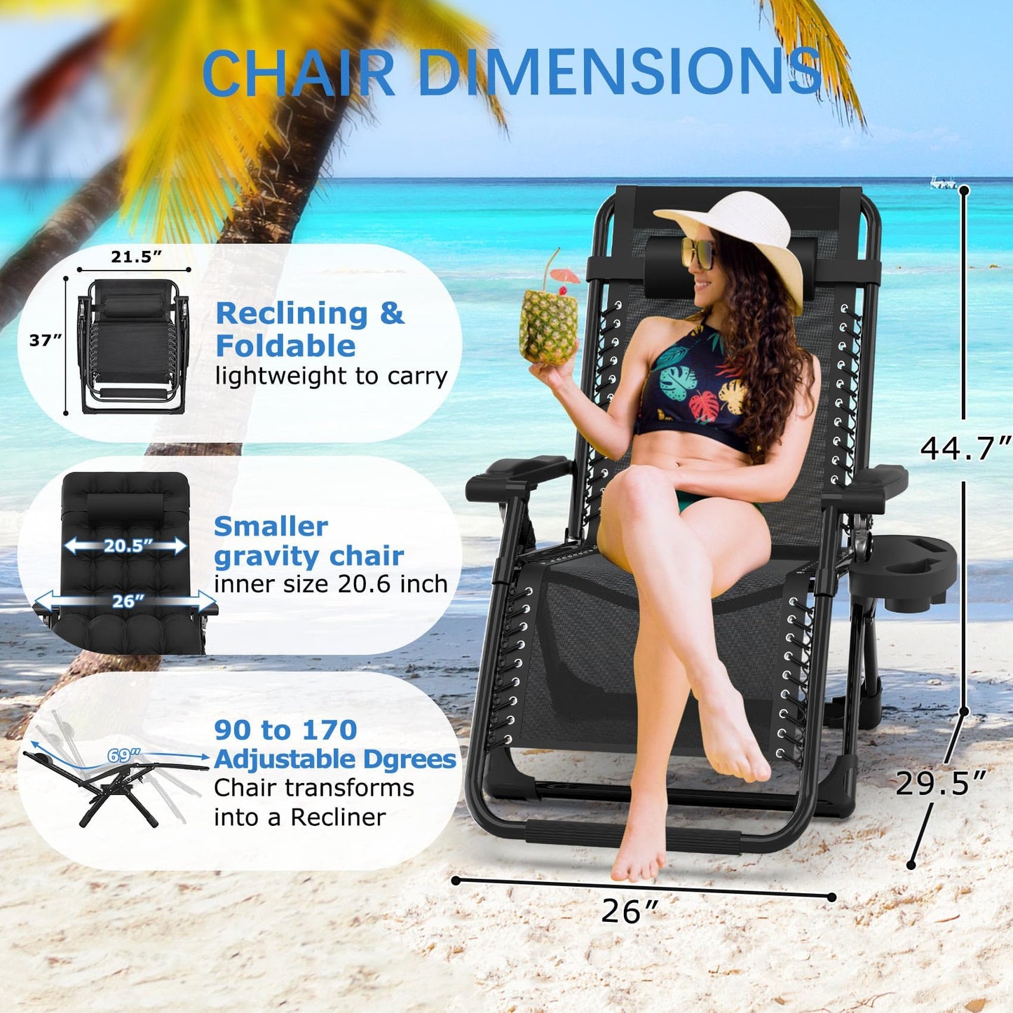 Slendor Zero Gravity Chair, Zero Gravity Lounge Chair with Upgraded Lock and Removable Cushion, Reclining Camping Chair with Cup Holder, Folding Recliner for Indoor and Outdoor, Black