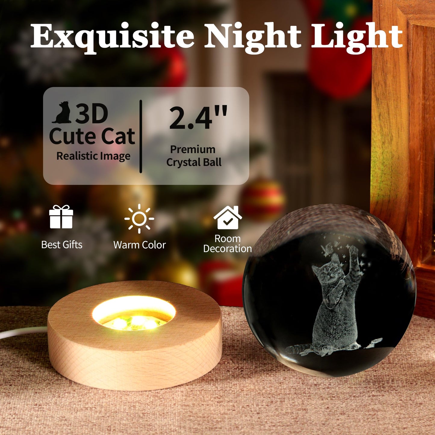 UPSIME Ideal Cat Gifts, 2.4In Cute Crystal Cat Ball Lamp with Wooden Base, Gifts Ideas for Cats Lover, Girlfriend Mom Girl-Christmas, Birthday, Mothers Day, Cute Cats Decor for Home Office Bedroom