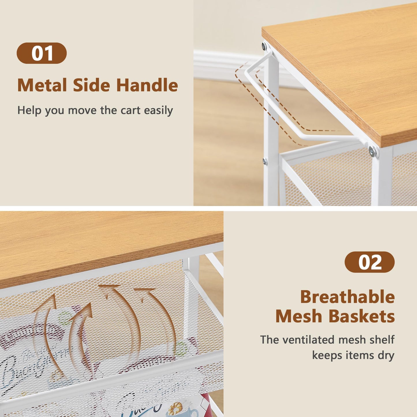 Hoctieon Rolling Storage Cart, 5-Tier 11.8" Wide Rolling Kitchen Storage Cart, Utility Cart with Handle & Wheels, Mobile Shelving Unit, Metal Frame Narrow Cart for Home Kitchen, Laundry, Oak Beige