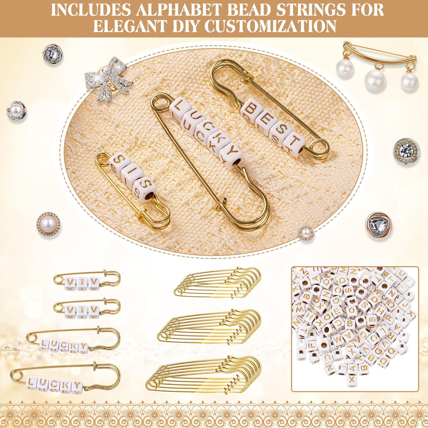 Janinka 348 Pcs DIY Junk Socks Charms Kit with Letter Beads, Gold Charm Safety Pin Brooch Pearl Rhinestone Jewelry Bulk Decorating Accessories for Women Socks Shoes Hat Clothes (Elegant Style)