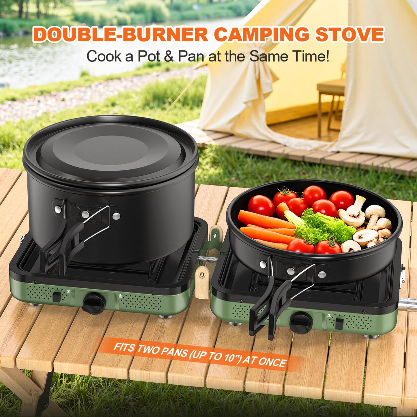 Propane 2-Burner Foldable Camping Stove with Carry Bag, Portable Propane Camp Stoves with Adjustable Burners & Piezo Ignition for Outdoor Cooking, Tailgating, Backyard Gathering(Griddle Not Included)