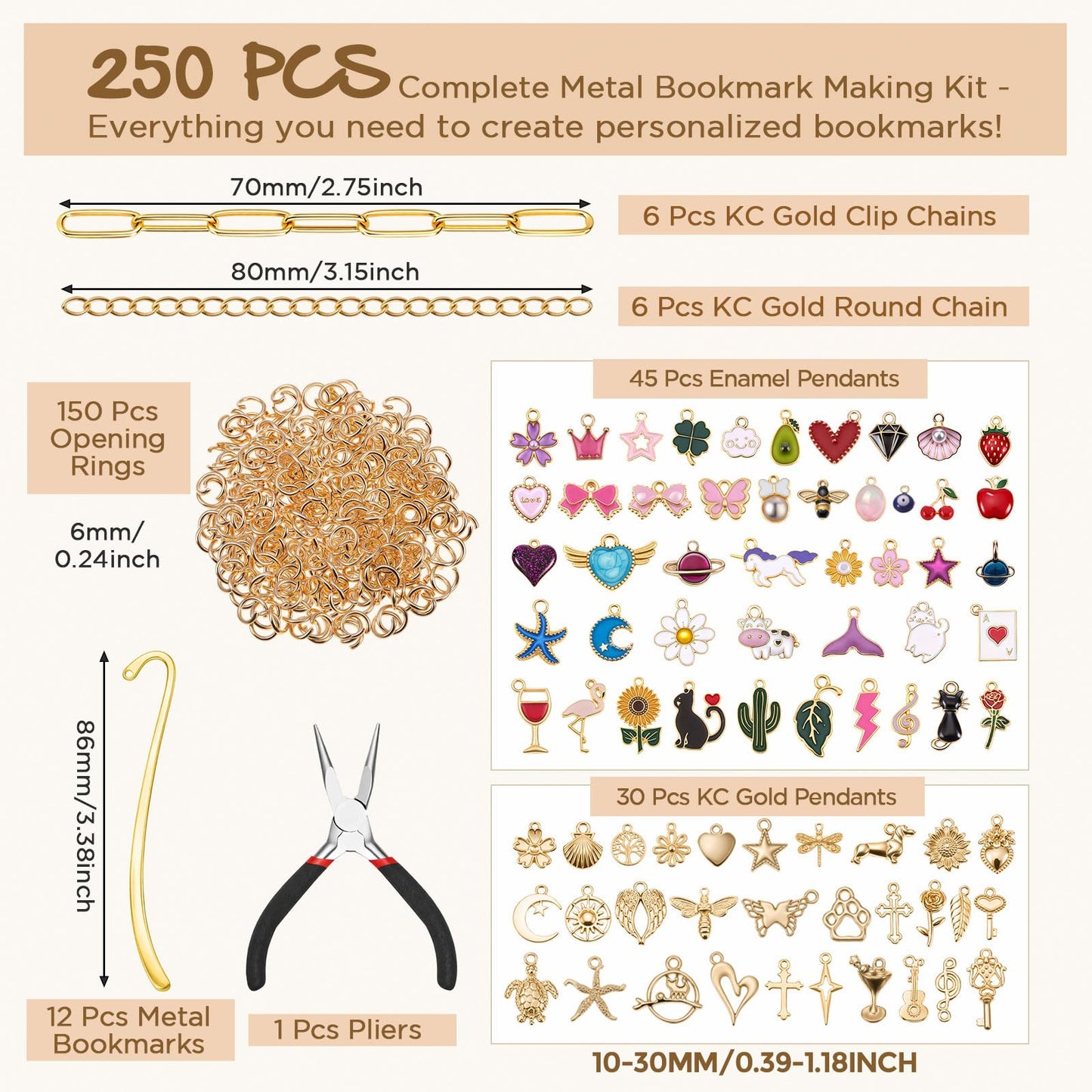 Tudomro 250 Pcs Metal Bookmarks Making Kit, DIY Metal Bar Bookmark Kit, DIY Craft Supplies with Charms, Jump Rings, Chains and Tools, Jewelry Making for Custom Bookmark Crafts (Cute)