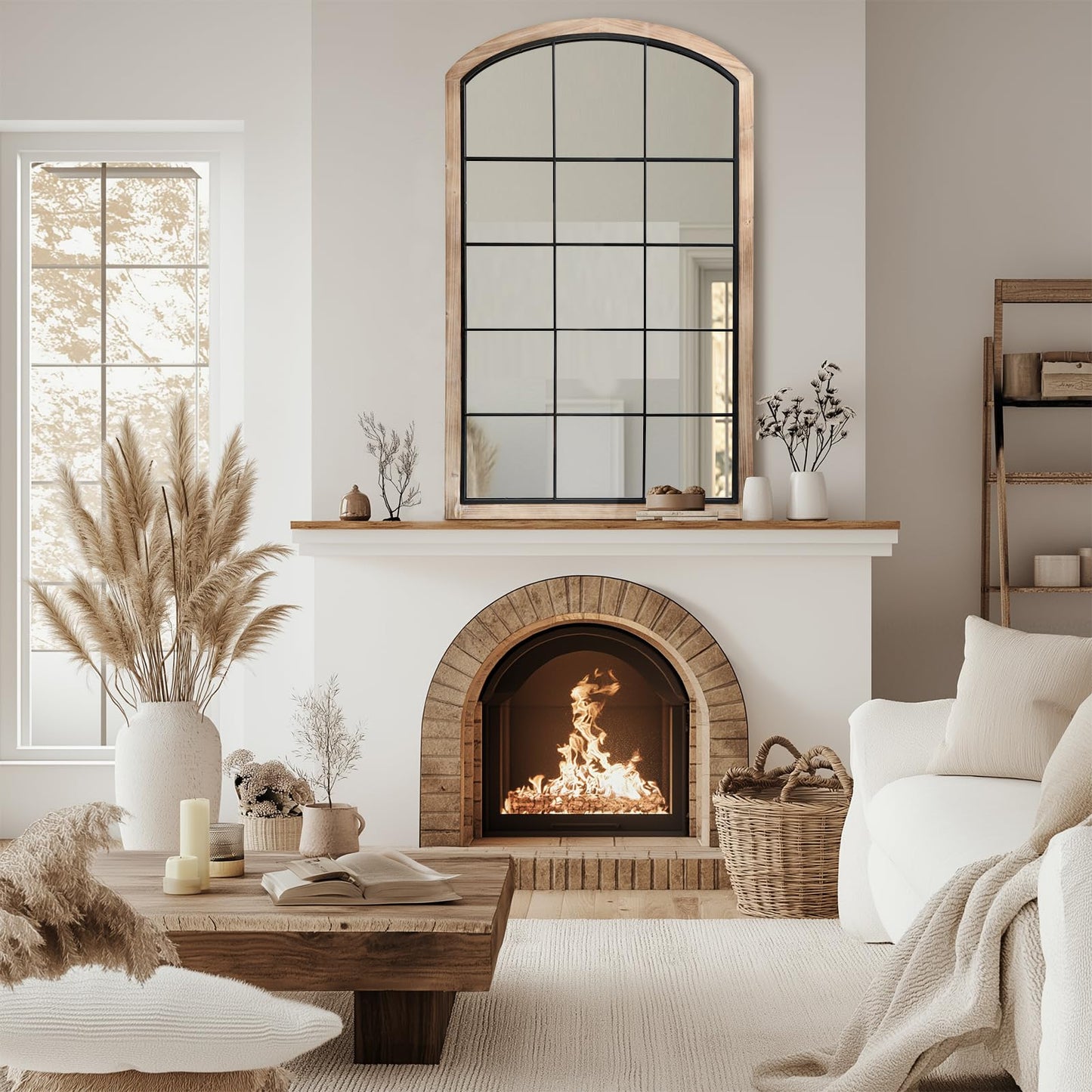 IPOUF Arch Window Mirror, 30X48 Farmhouse Arch Wall Mirror, Wood Framed Rustic Mirror Metal Inner Frame Decorative for Entryway & Living Room,Natural