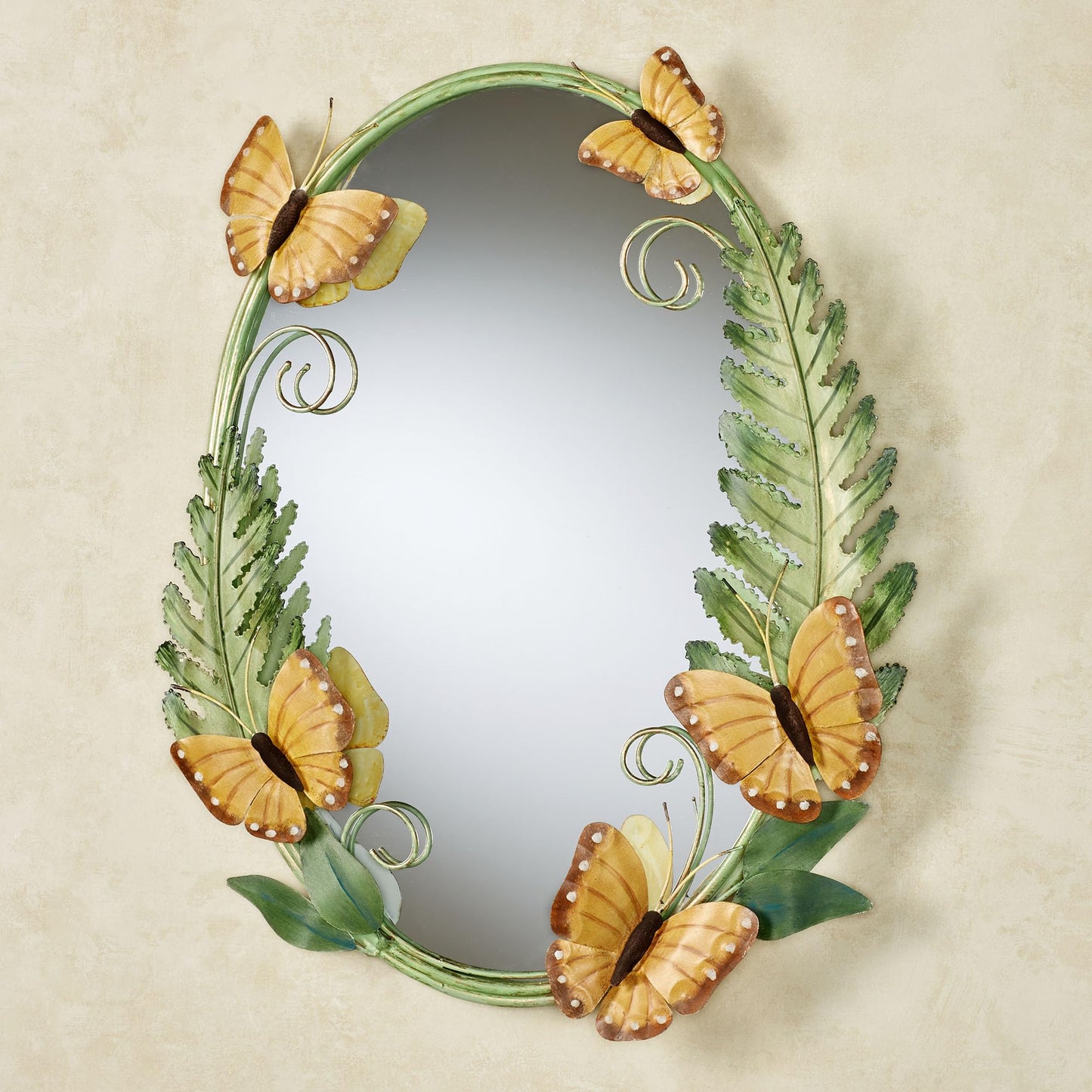 Butterfly Song Decorative Oval Wall Mirror | Designed by Joanne Ferrara | Handcrafted Metal Mirrored Artwork | Handpainted Green, Gold, and Golden Yellow Earth-Toned Butterflies, Leaves, & Fern Plants