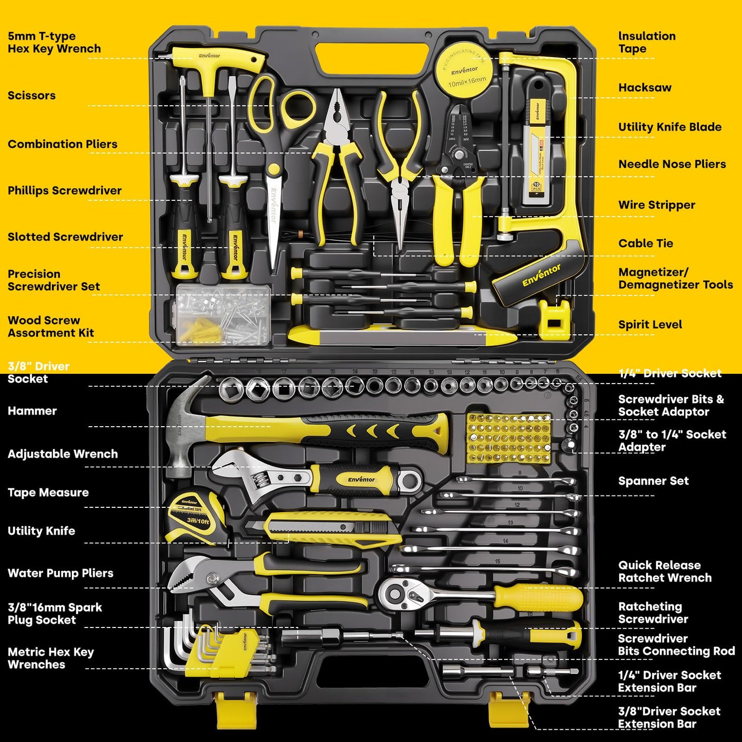 Enventor Home Tool Kit, 220 Piece Hand Tool Kit with Toolbox Storage Case, Basic Household Auto Repair Tool Set for Home Repairs Men Women DIY, Auto Maintenance, General Use, Household Repair Tools