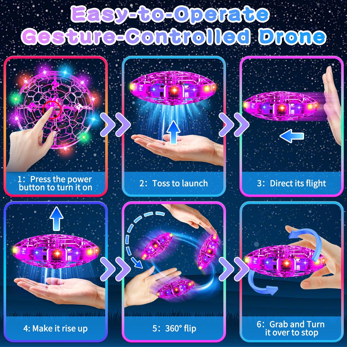 Vantexi Drone for Kids, 2026 Upgrade Flying Toys with LED, Hover Boomerang Mini Drone, Hand Operated UFO Flying Orb Ball, Christmas Birthday Gifts for 6 7 8 9 10 11 12+ Girls Indoor Outdoor (Purple)