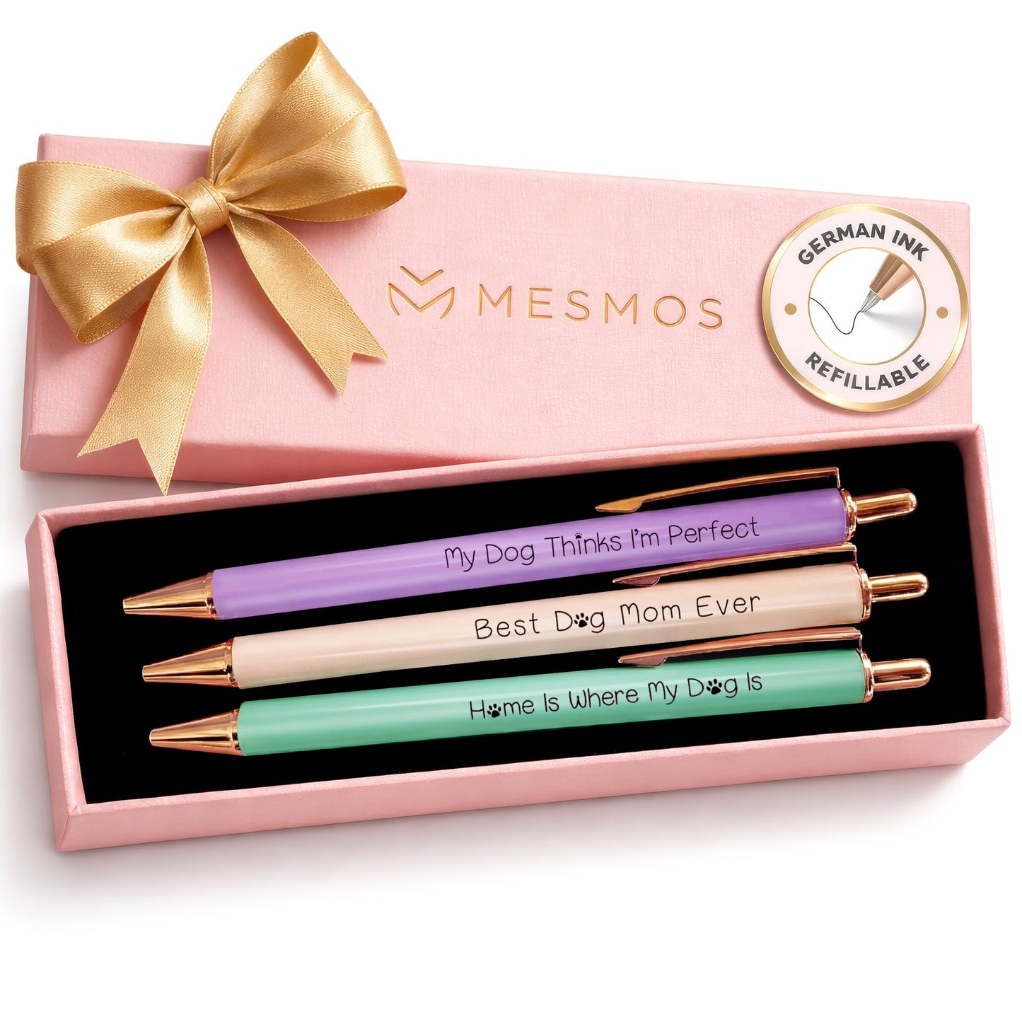 MESMOS 3-Pack Dog Mom Gifts, Mothers Day Gifts for Mom, Fancy Pens for Women, Dog Lovers Gift for Women and Owners, German-Made Ink Ballpoint Pens, Swiss-Made 1mm Medium Tip