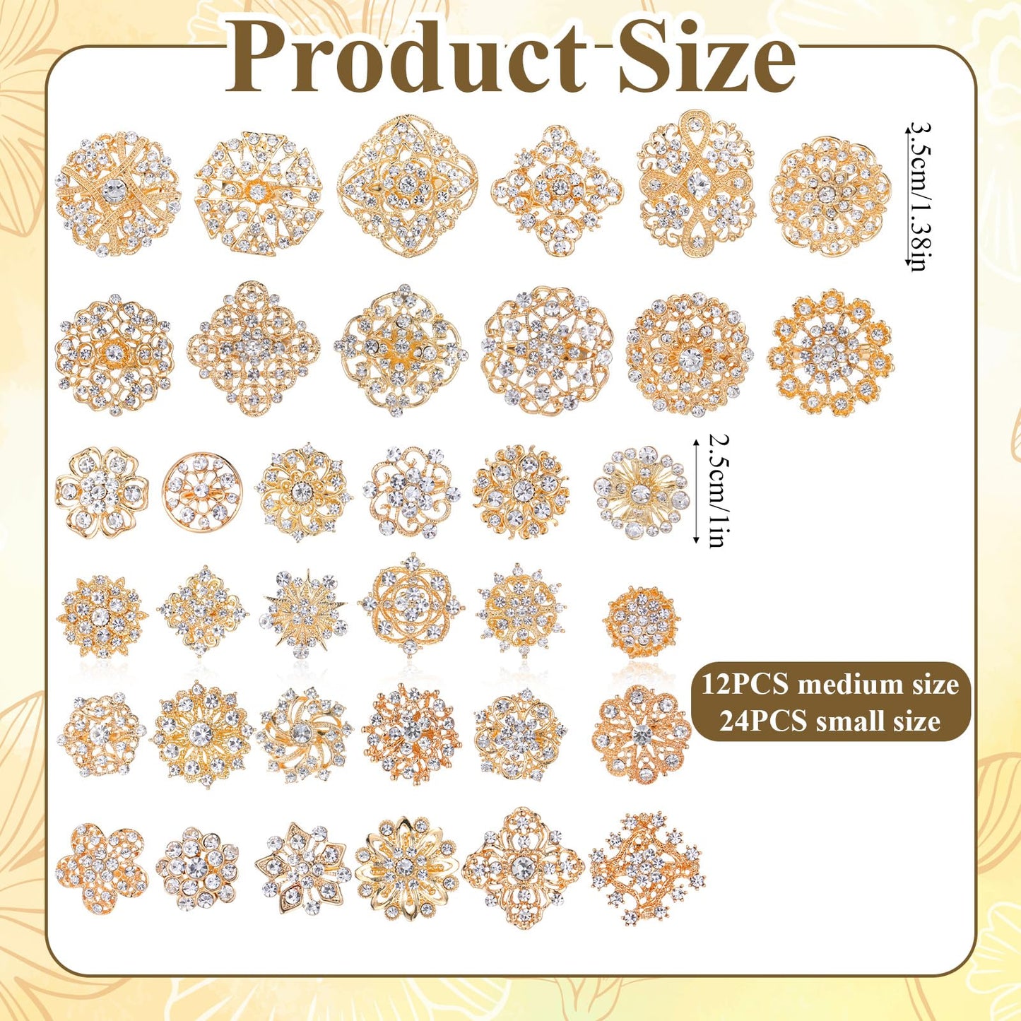 AOZUO 136 Pcs Gold Crystal Brooches for Women, Crystal Flower Brooch Pins with Rhinestones Bulk Brooches Jewelry Rhinestone Embellishments for DIY Jewelry Crafting Sewing Wedding Hair Decoration