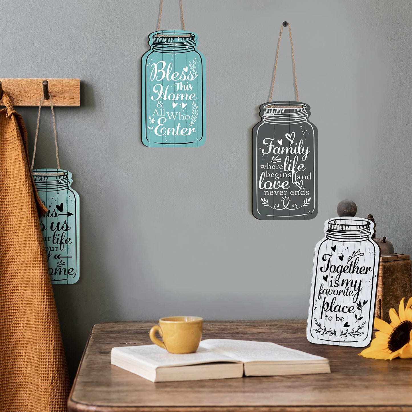 Jetec 4-Piece Mason Jar Wall Hanging Plaque Set - Rustic Farmhouse Decor Signs - Bless This Home, Family, Together, Love, Life, Home, Forever - Wooden Wall Mount - Approx. 8.3 x 4.5 x 0.24 Inches