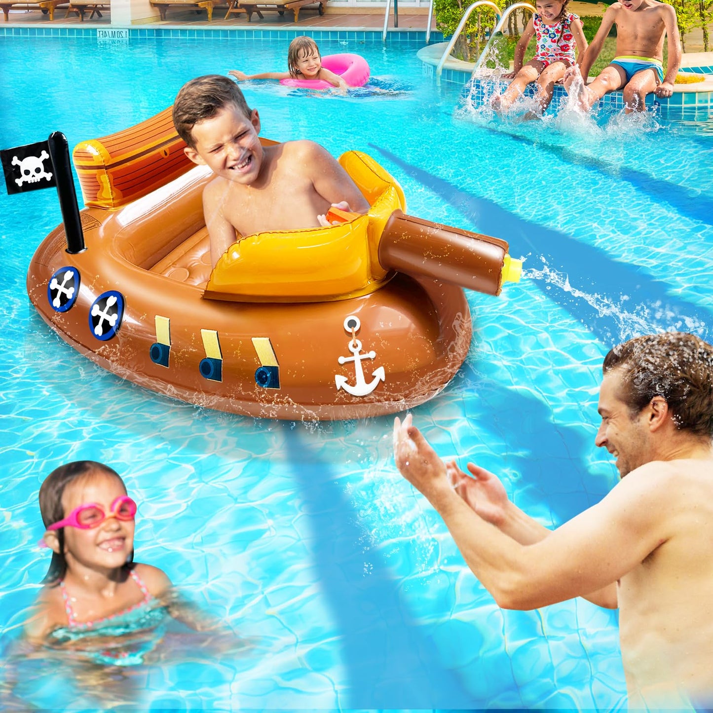 Inflatable Pirate Ship Pool Floats Kids 3-11 Years Toddler Pool Floaties with Water Cannon Gun Swimming Pool Toys Boys Girls Party Float Ride-on Floaty Rafts with Safety Seat Summer Outdoor Water Game